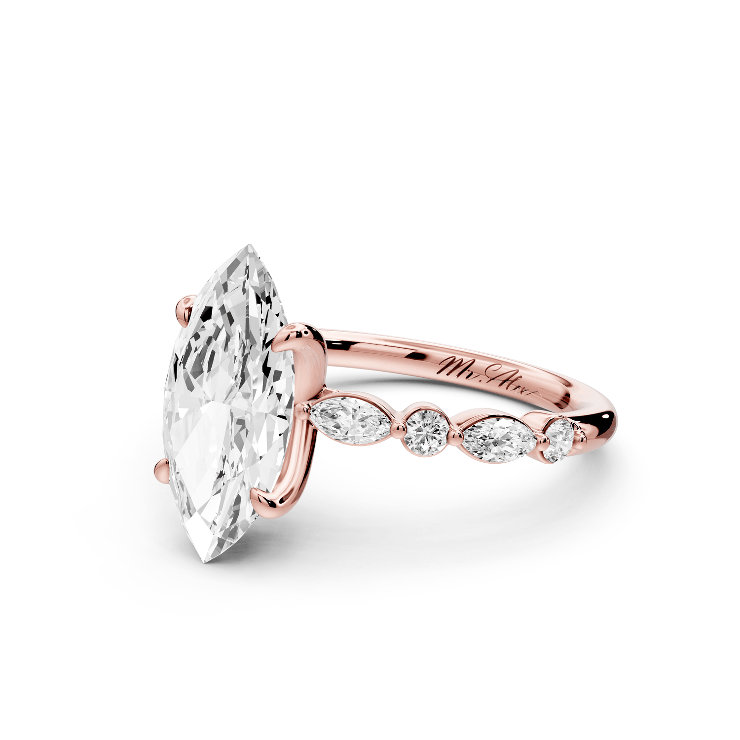 Amalia - 2ct 18k rose gold marquise Round Diamond with Alternating 8 - Stone Marquise and Round Diamond Band Engagement Ring - Mr. Alex Jewelry