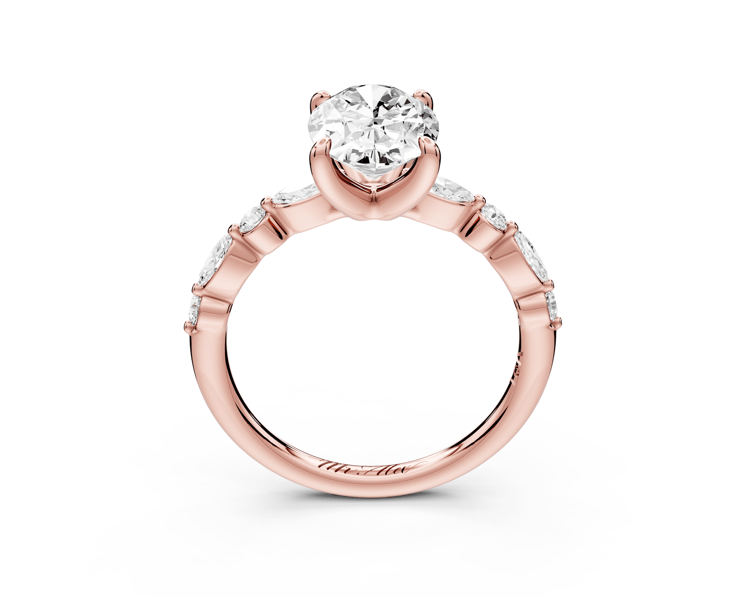Amalia - 2ct 18k rose gold oval Round Diamond with Alternating 8 - Stone Marquise and Round Diamond Band Engagement Ring - Mr. Alex Jewelry