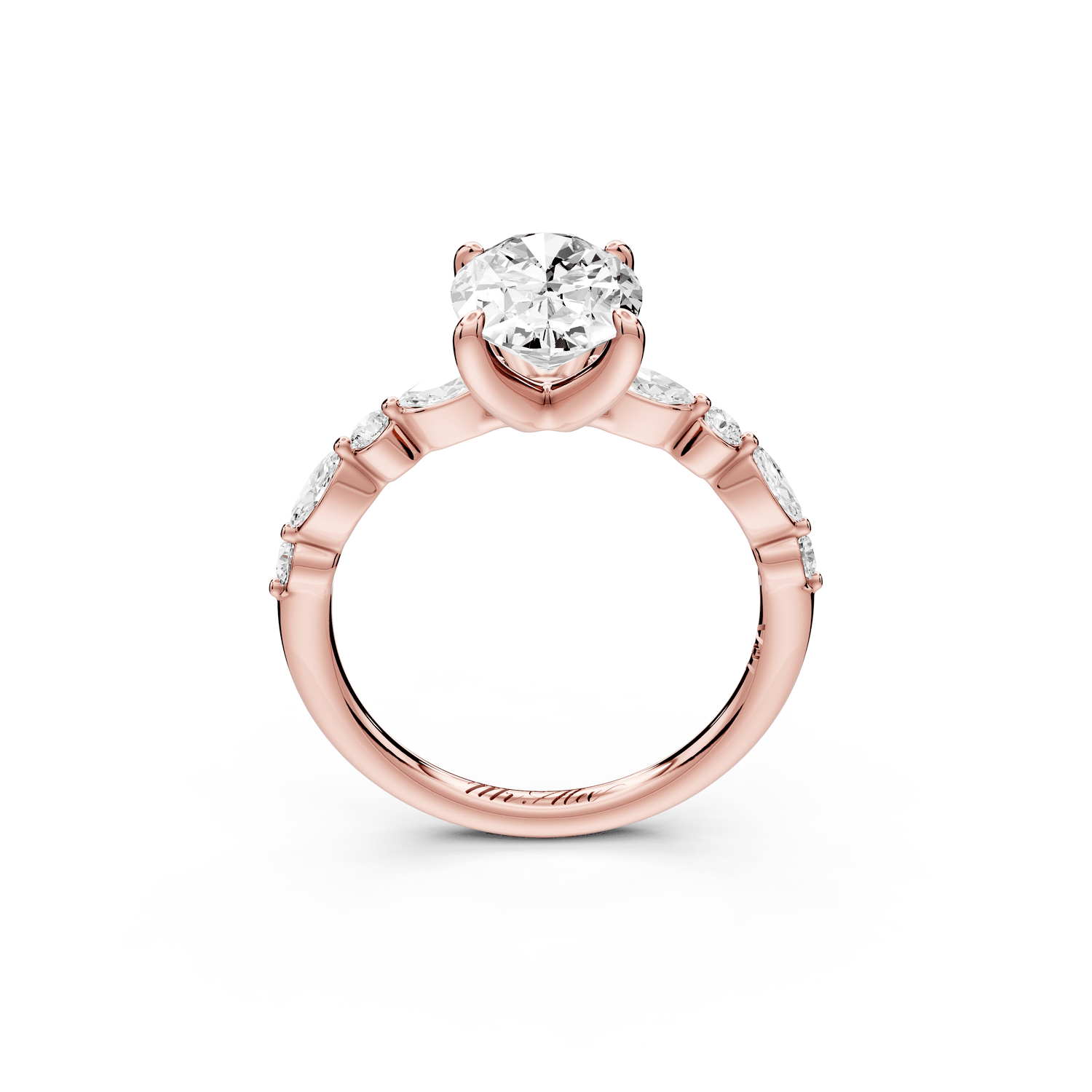 Amalia - 2ct 18k rose gold oval Round Diamond with Alternating 8 - Stone Marquise and Round Diamond Band Engagement Ring - Mr. Alex Jewelry