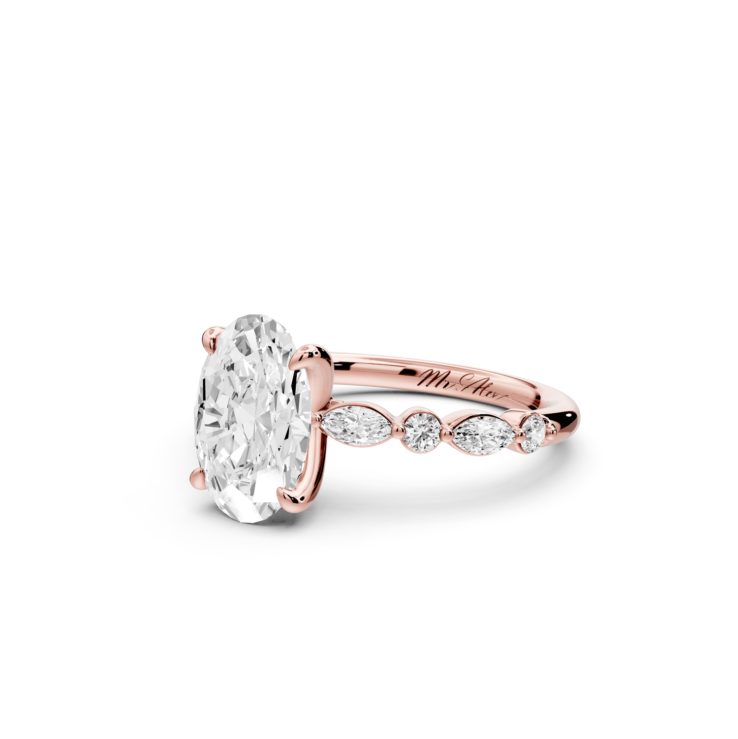 Amalia - 2ct 18k rose gold oval Round Diamond with Alternating 8 - Stone Marquise and Round Diamond Band Engagement Ring - Mr. Alex Jewelry