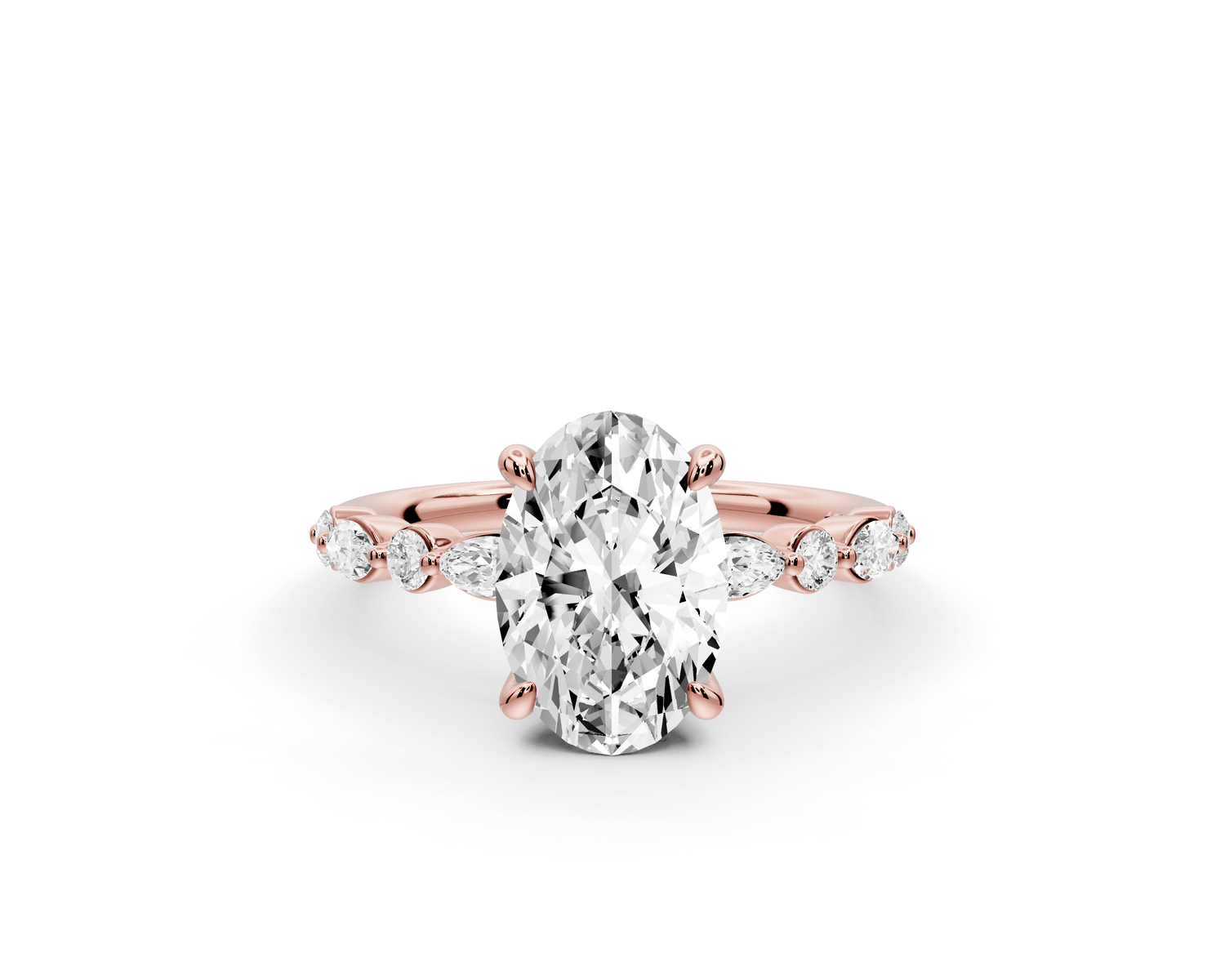 Amalia - 2ct 18k rose gold oval Round Diamond with Alternating 8 - Stone Marquise and Round Diamond Band Engagement Ring - Mr. Alex Jewelry