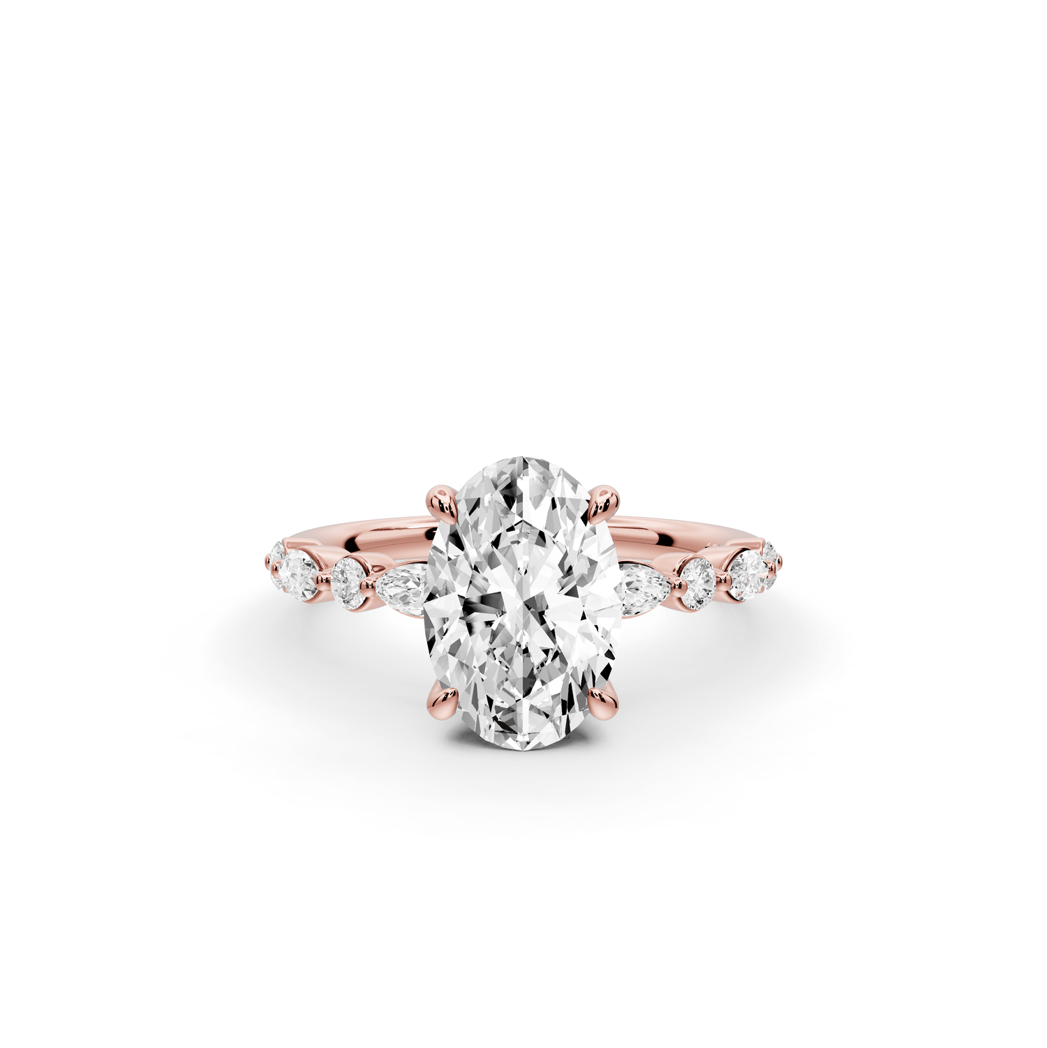 Amalia - 2ct 18k rose gold oval Round Diamond with Alternating 8 - Stone Marquise and Round Diamond Band Engagement Ring - Mr. Alex Jewelry