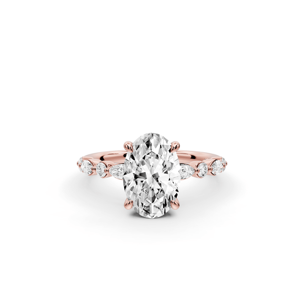 Amalia - 2ct 18k rose gold oval Round Diamond with Alternating 8 - Stone Marquise and Round Diamond Band Engagement Ring - Mr. Alex Jewelry
