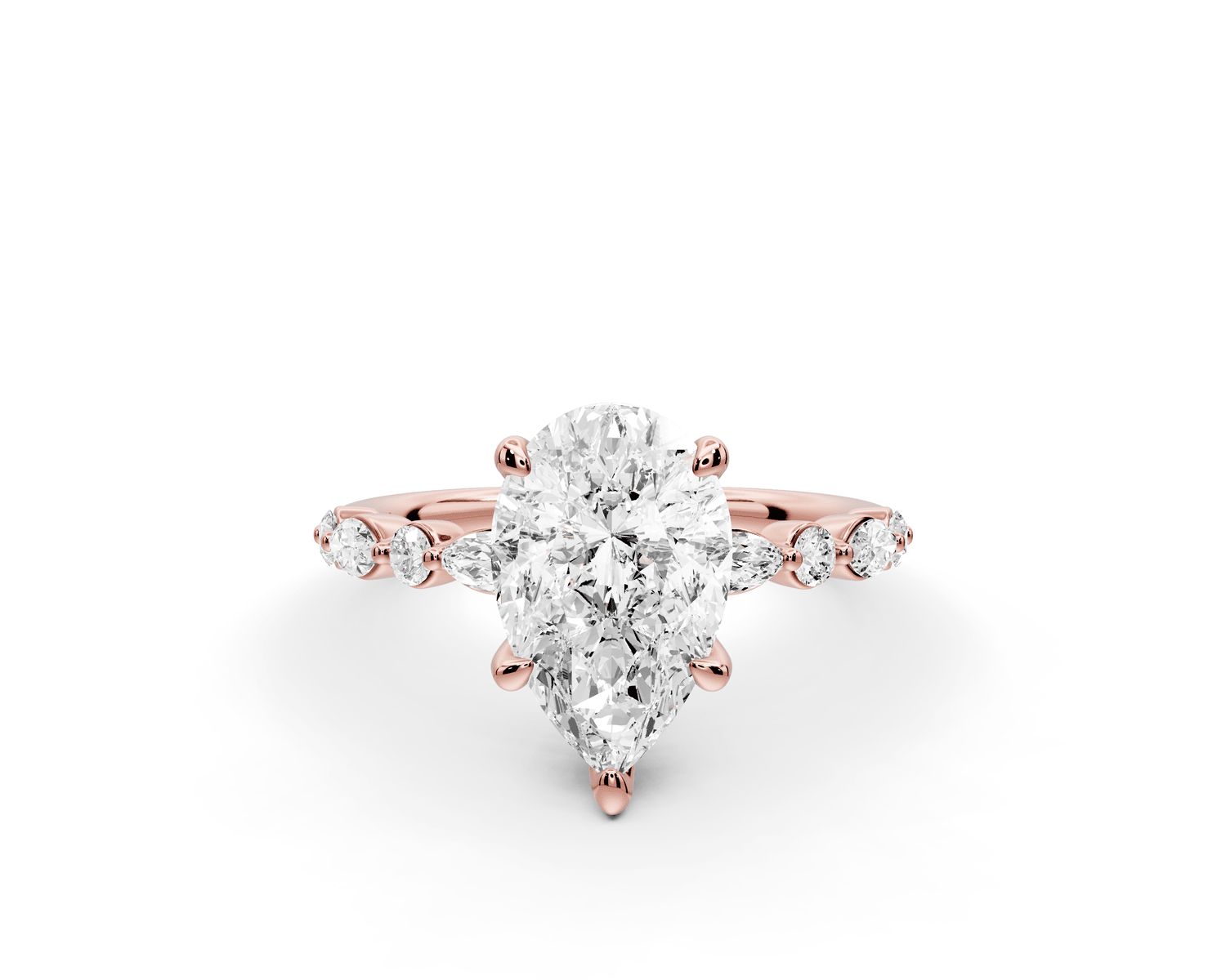 Amalia - 2ct 18k rose gold pear Round Diamond with Alternating 8 - Stone Marquise and Round Diamond Band Engagement Ring - Mr. Alex Jewelry