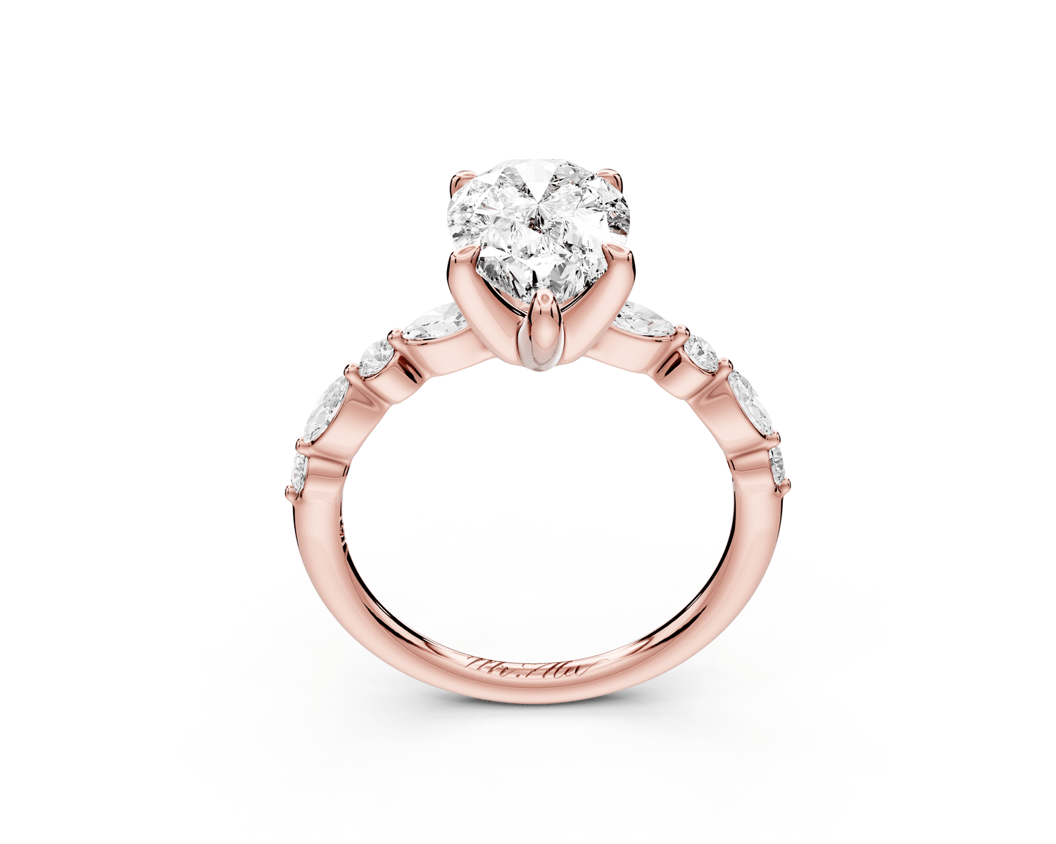 Amalia - 2ct 18k rose gold pear Round Diamond with Alternating 8 - Stone Marquise and Round Diamond Band Engagement Ring - Mr. Alex Jewelry