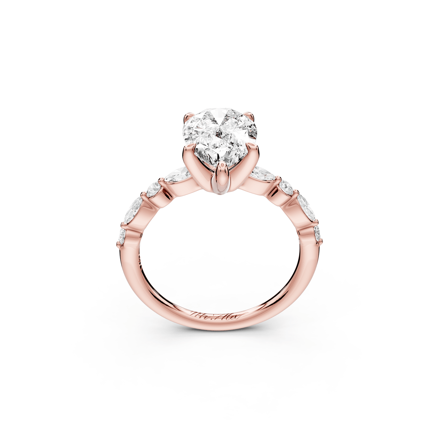 Amalia - 2ct 18k rose gold pear Round Diamond with Alternating 8 - Stone Marquise and Round Diamond Band Engagement Ring - Mr. Alex Jewelry