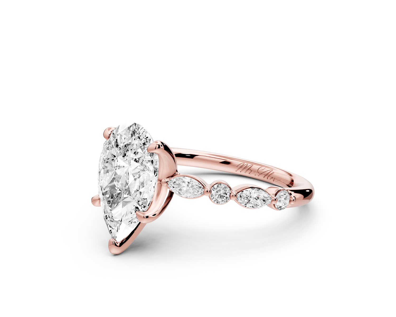 Amalia - 2ct 18k rose gold pear Round Diamond with Alternating 8 - Stone Marquise and Round Diamond Band Engagement Ring - Mr. Alex Jewelry