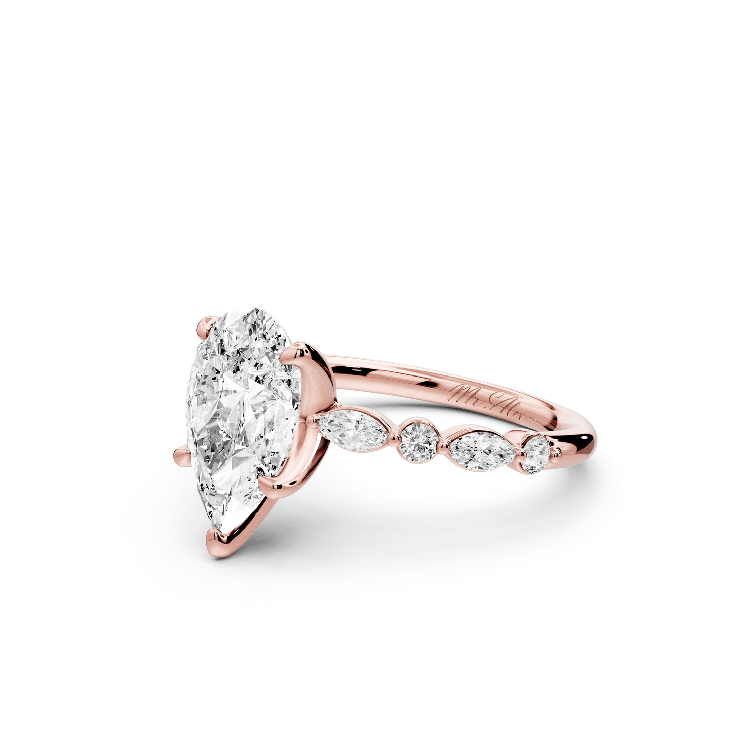 Amalia - 2ct 18k rose gold pear Round Diamond with Alternating 8 - Stone Marquise and Round Diamond Band Engagement Ring - Mr. Alex Jewelry