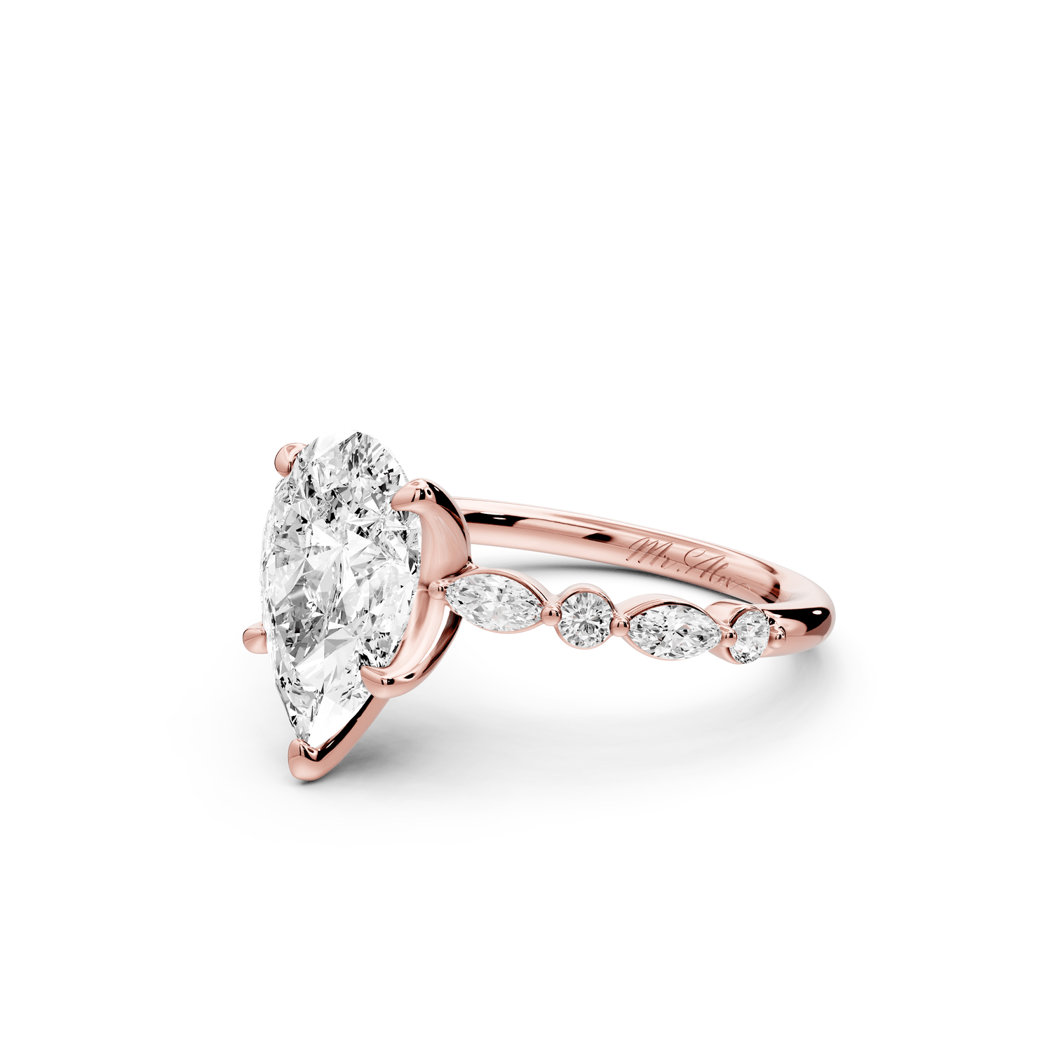 Amalia - 2ct 18k rose gold pear Round Diamond with Alternating 8 - Stone Marquise and Round Diamond Band Engagement Ring - Mr. Alex Jewelry