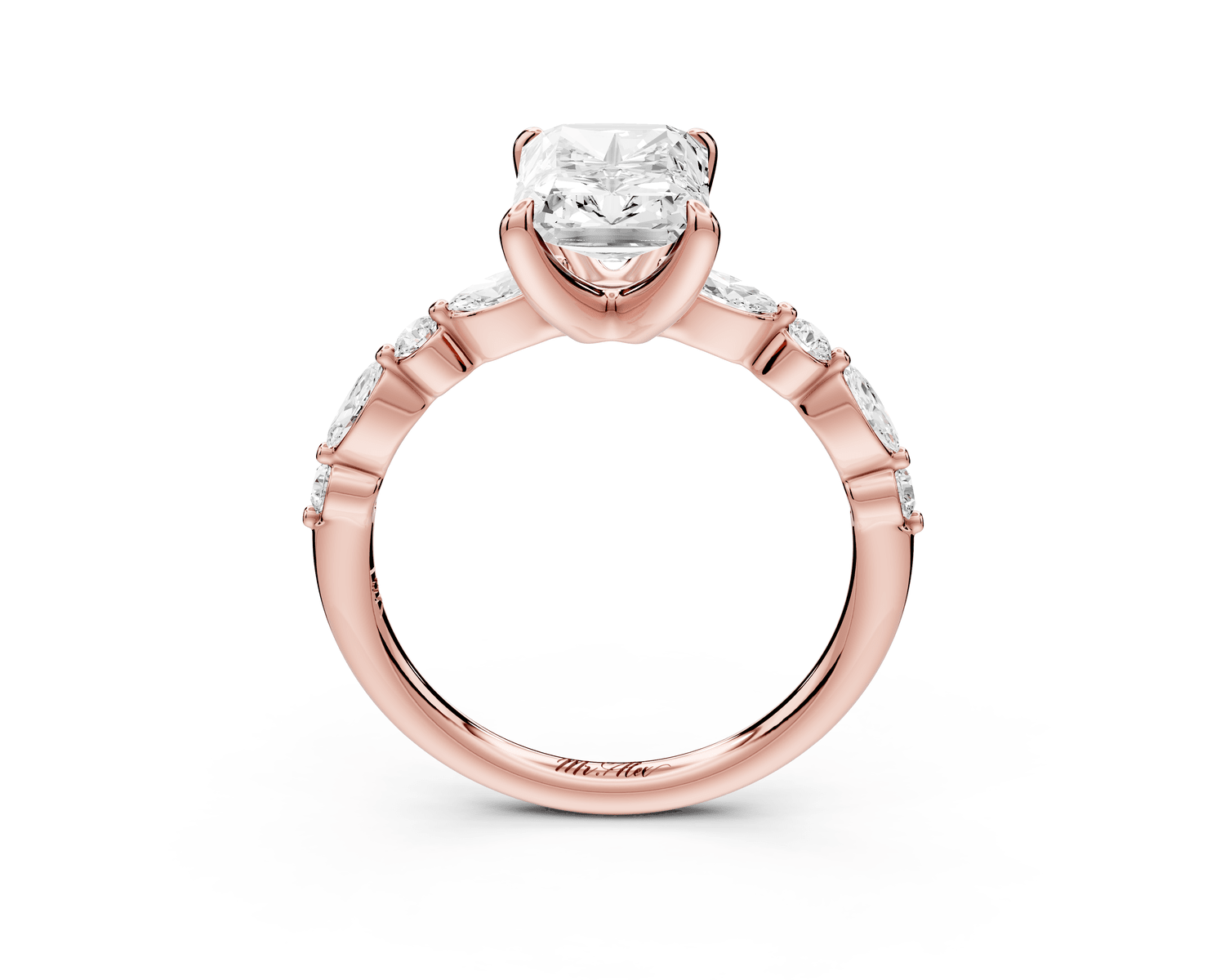 Amalia - 2ct 18k rose gold radiant Round Diamond with Alternating 8 - Stone Marquise and Round Diamond Band Engagement Ring - Mr. Alex Jewelry
