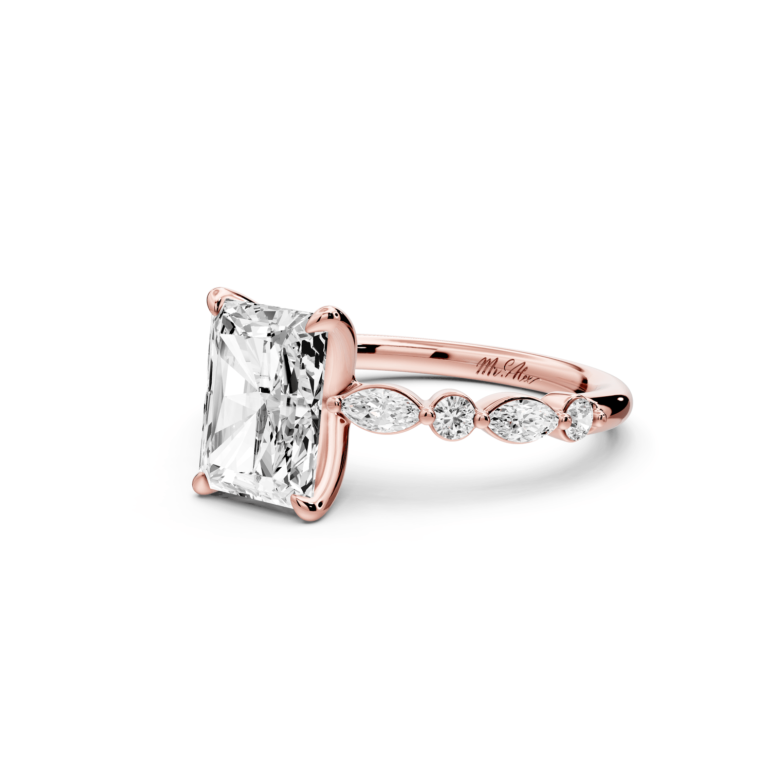 Amalia - 2ct 18k rose gold radiant Round Diamond with Alternating 8 - Stone Marquise and Round Diamond Band Engagement Ring - Mr. Alex Jewelry
