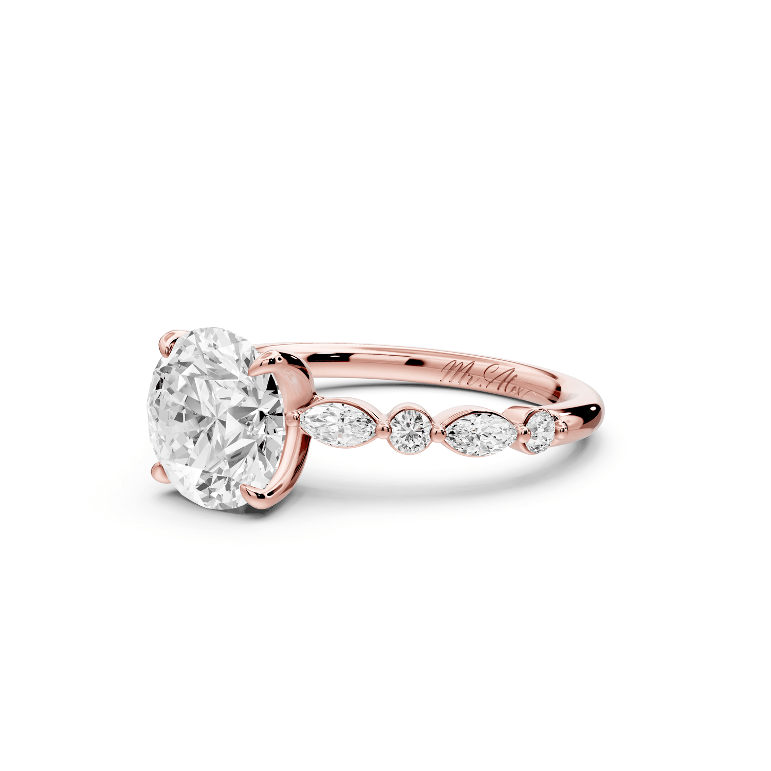 Amalia - 2ct 18k rose gold round Round Diamond with Alternating 8 - Stone Marquise and Round Diamond Band Engagement Ring - Mr. Alex Jewelry