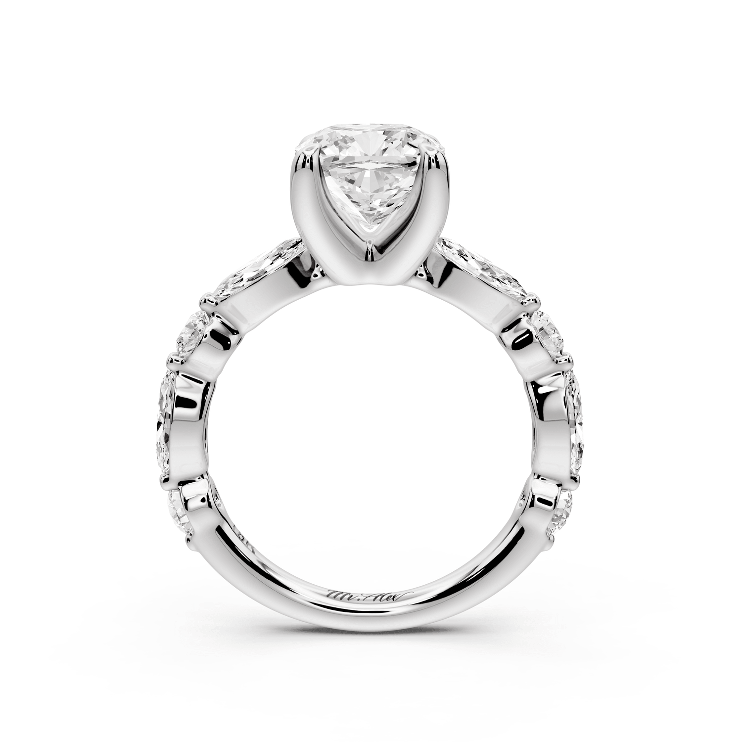 Amalia - 2ct 18k white gold cushion Round Diamond with Alternating 8 - Stone Marquise and Round Diamond Band Engagement Ring - Mr. Alex Jewelry