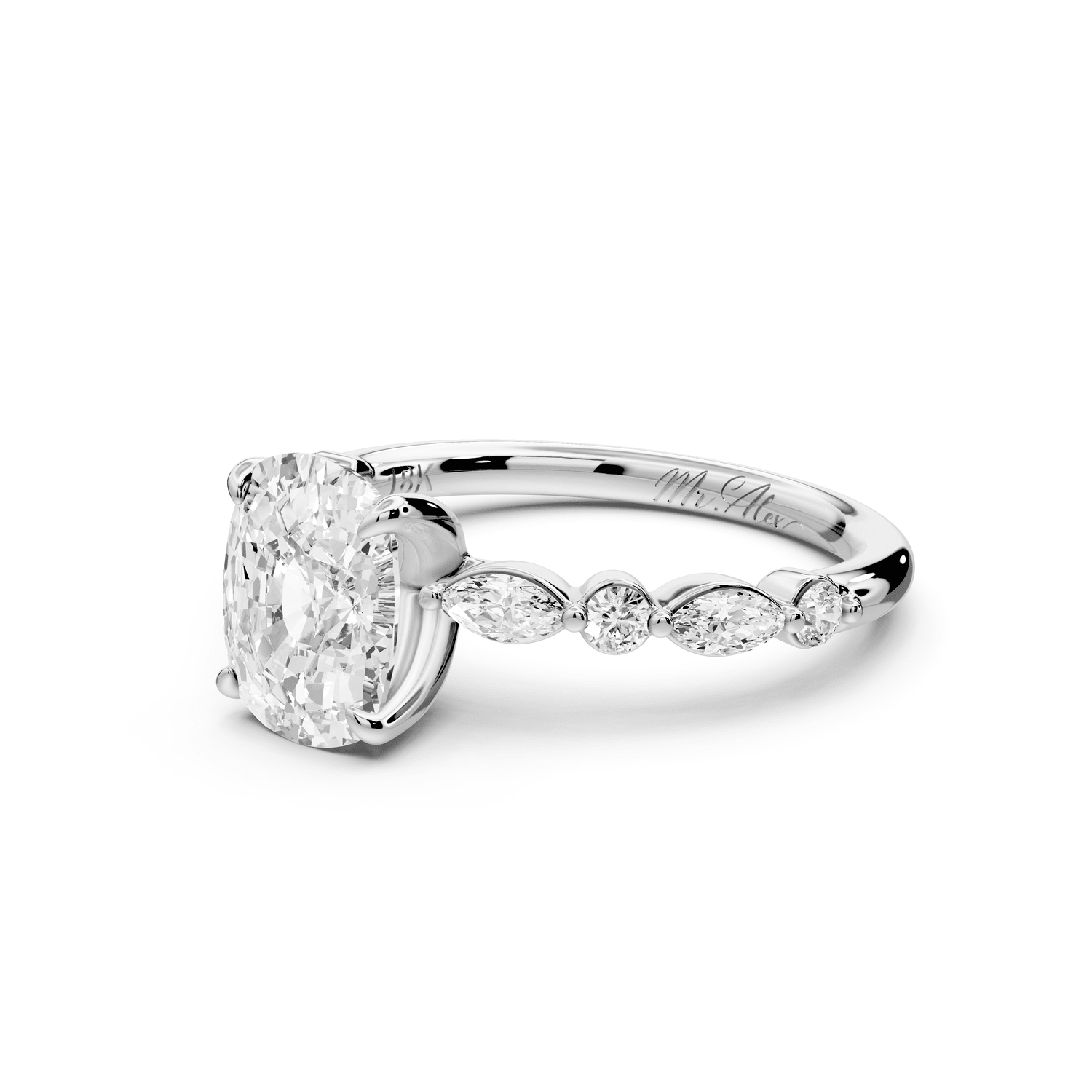 Amalia - 2ct 18k white gold ecushion Round Diamond with Alternating 8 - Stone Marquise and Round Diamond Band Engagement Ring - Mr. Alex Jewelry