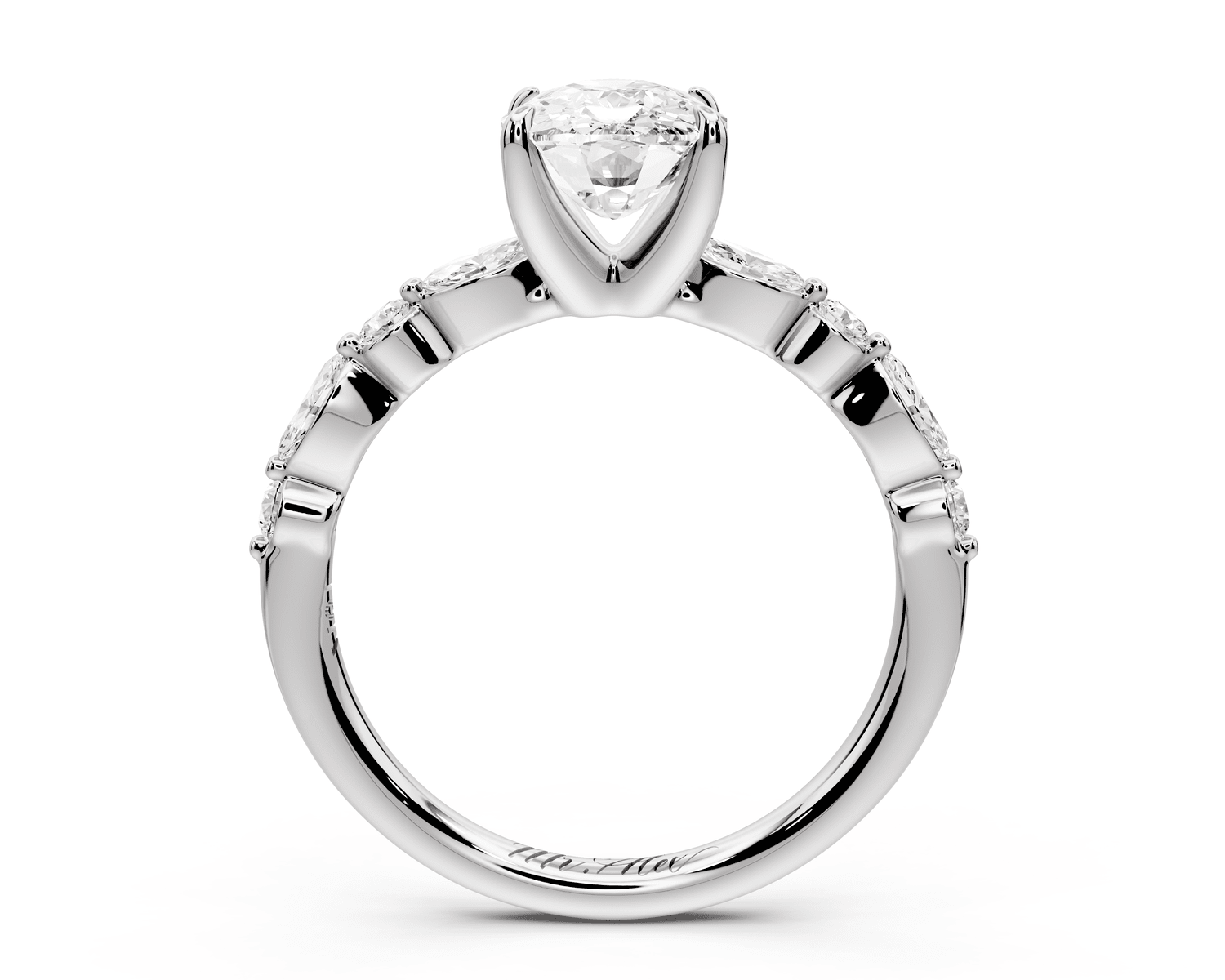 Amalia - 2ct 18k white gold ecushion Round Diamond with Alternating 8 - Stone Marquise and Round Diamond Band Engagement Ring - Mr. Alex Jewelry