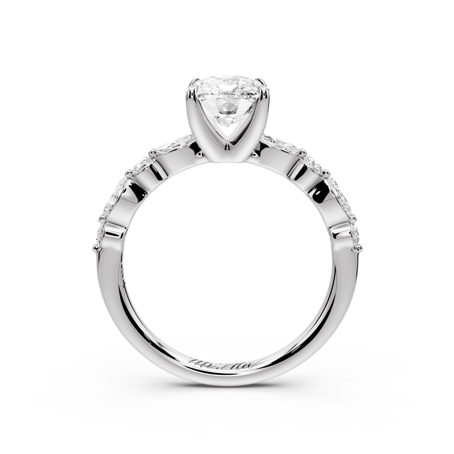 Amalia - 2ct 18k white gold ecushion Round Diamond with Alternating 8 - Stone Marquise and Round Diamond Band Engagement Ring - Mr. Alex Jewelry