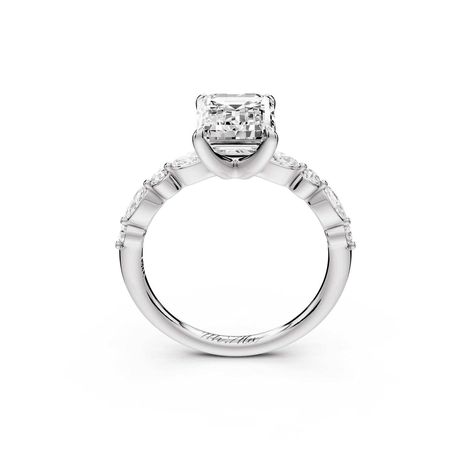 Amalia - 2ct 18k white gold emerald Round Diamond with Alternating 8 - Stone Marquise and Round Diamond Band Engagement Ring - Mr. Alex Jewelry
