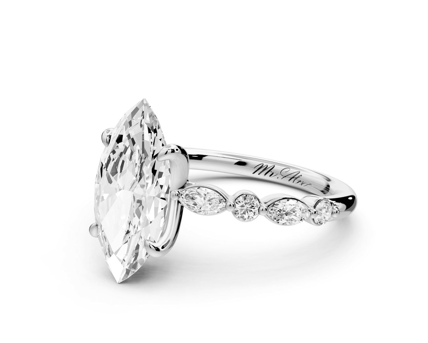 Amalia - 2ct 18k white gold marquise Round Diamond with Alternating 8 - Stone Marquise and Round Diamond Band Engagement Ring - Mr. Alex Jewelry