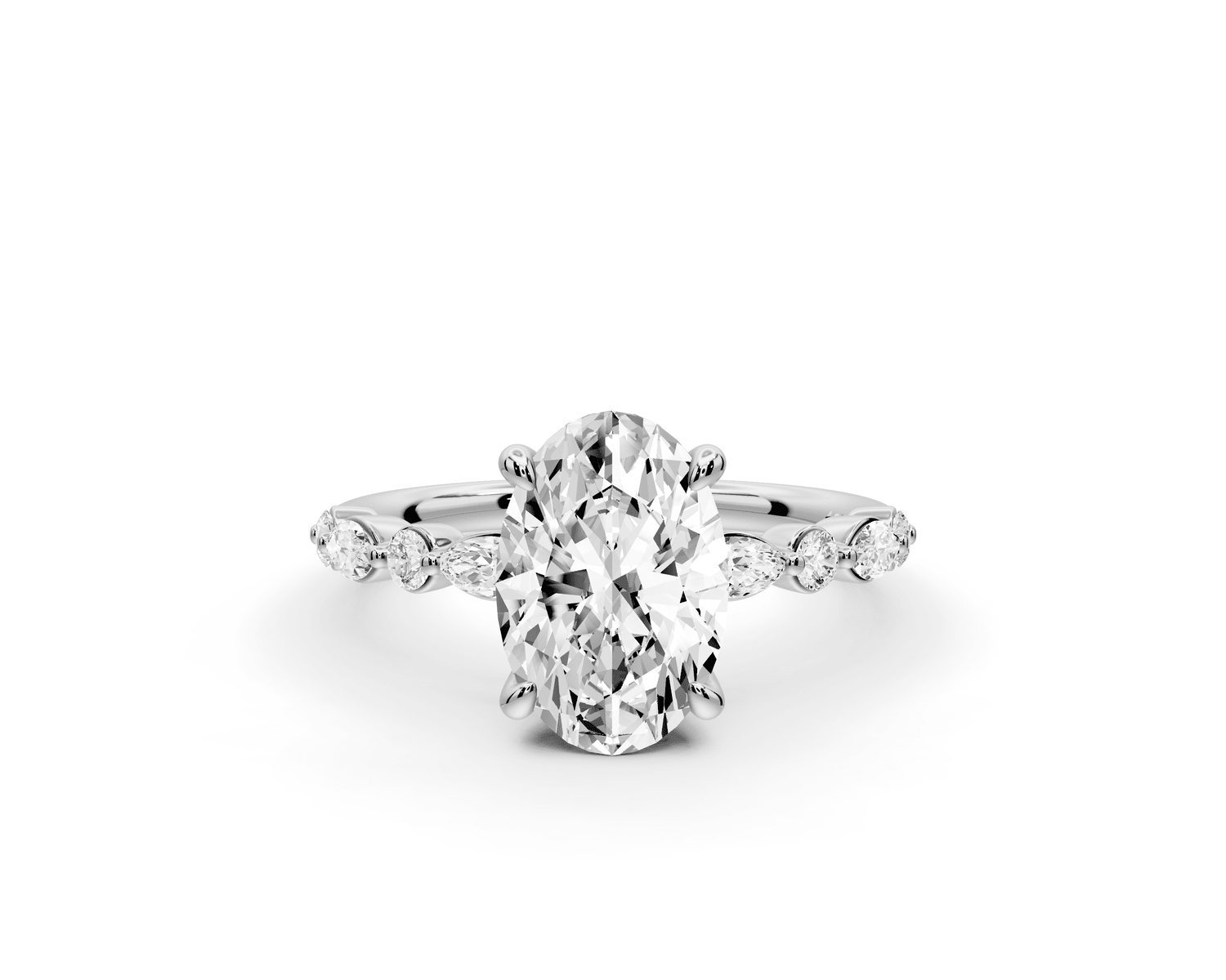 Amalia - 2ct 18k white gold oval Round Diamond with Alternating 8 - Stone Marquise and Round Diamond Band Engagement Ring - Mr. Alex Jewelry