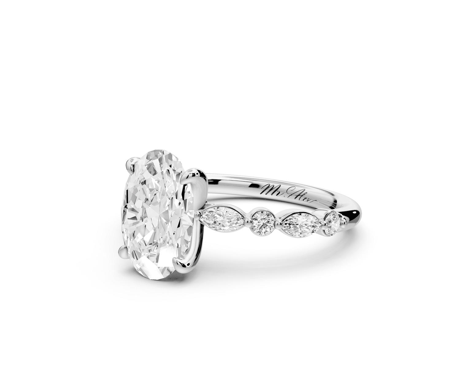 Amalia - 2ct 18k white gold oval Round Diamond with Alternating 8 - Stone Marquise and Round Diamond Band Engagement Ring - Mr. Alex Jewelry
