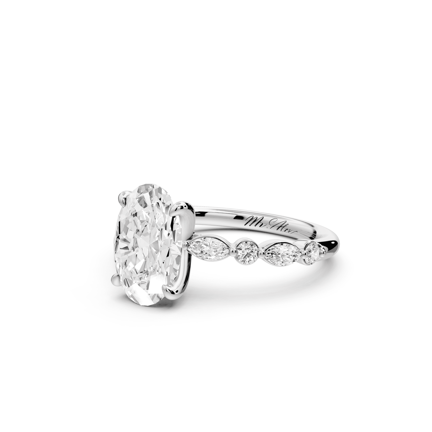 Amalia - 2ct 18k white gold oval Round Diamond with Alternating 8 - Stone Marquise and Round Diamond Band Engagement Ring - Mr. Alex Jewelry