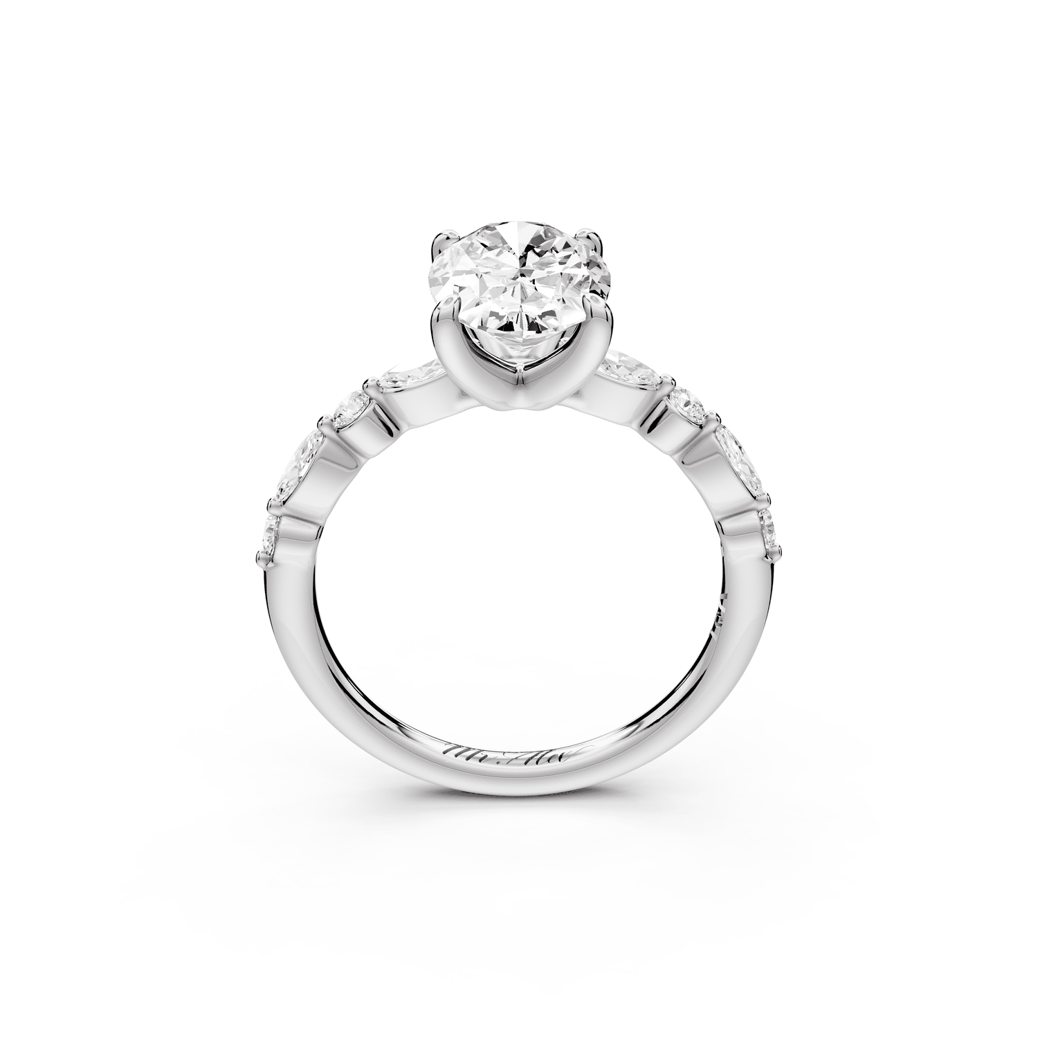 Amalia - 2ct 18k white gold oval Round Diamond with Alternating 8 - Stone Marquise and Round Diamond Band Engagement Ring - Mr. Alex Jewelry