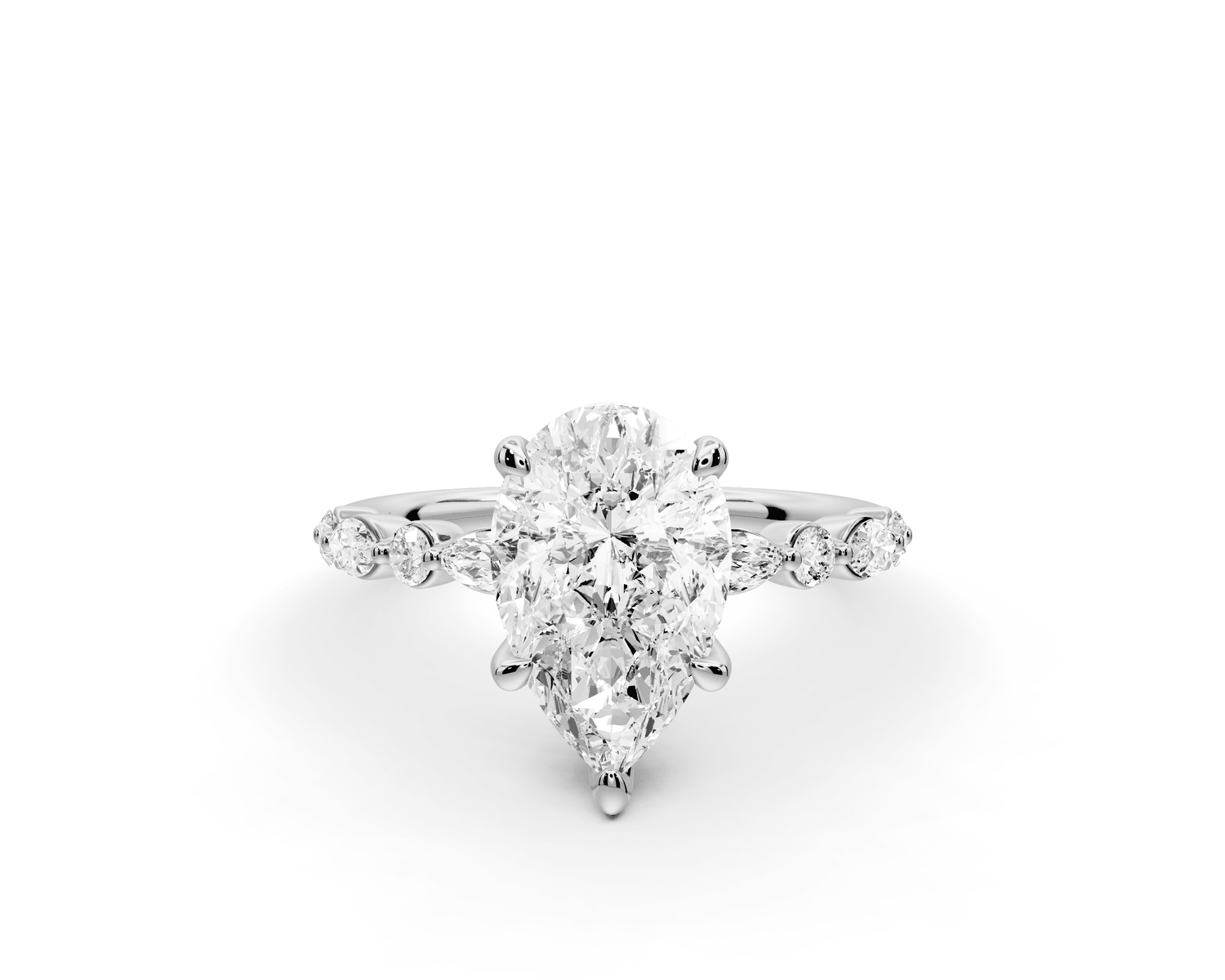 Amalia - 2ct 18k white gold pear Round Diamond with Alternating 8 - Stone Marquise and Round Diamond Band Engagement Ring - Mr. Alex Jewelry