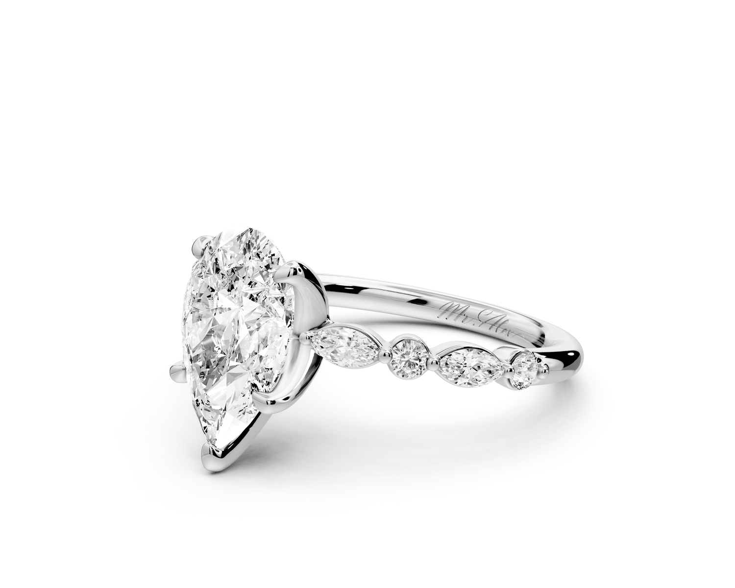 Amalia - 2ct 18k white gold pear Round Diamond with Alternating 8 - Stone Marquise and Round Diamond Band Engagement Ring - Mr. Alex Jewelry