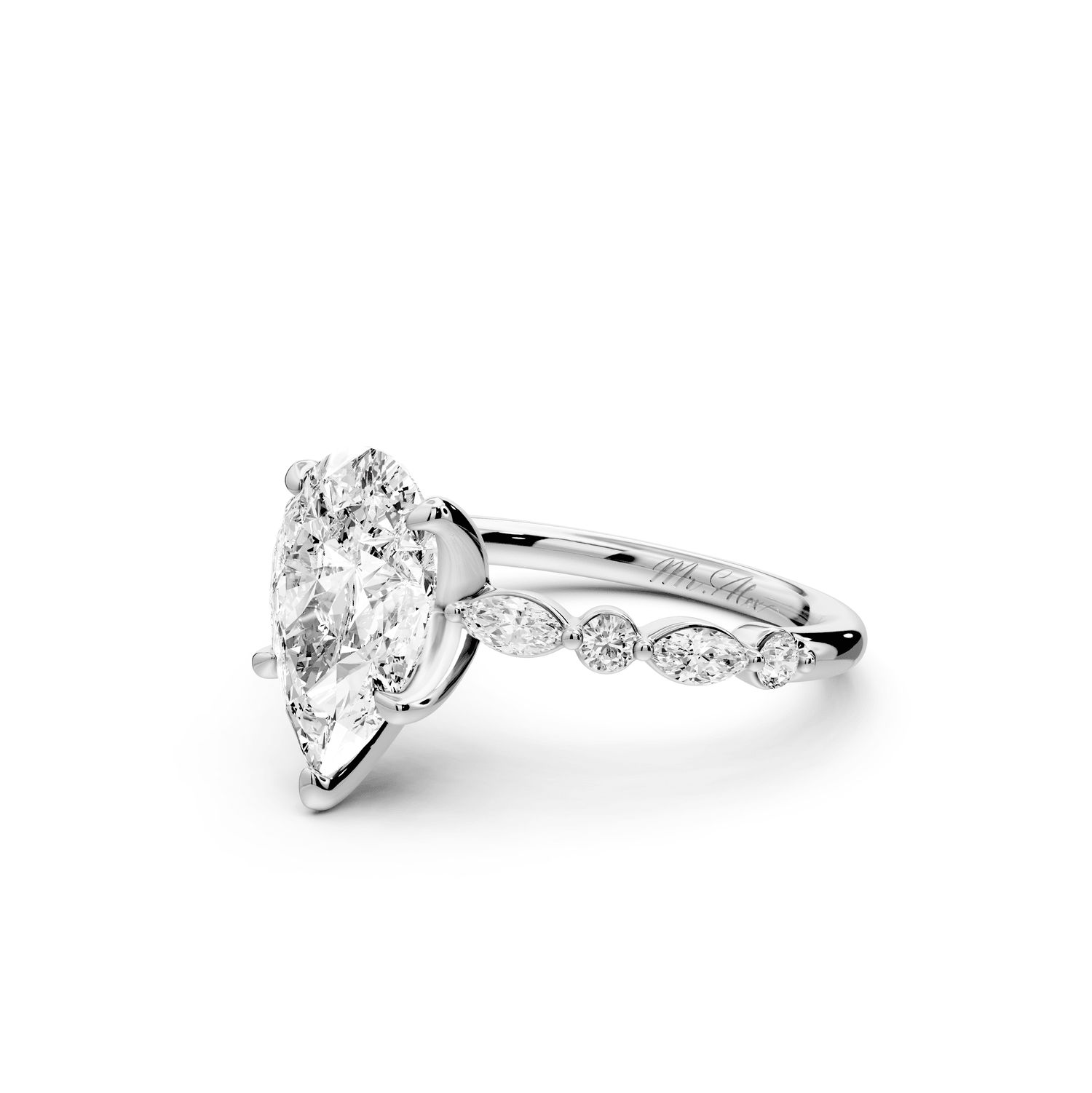 Amalia - 2ct 18k white gold pear Round Diamond with Alternating 8 - Stone Marquise and Round Diamond Band Engagement Ring - Mr. Alex Jewelry