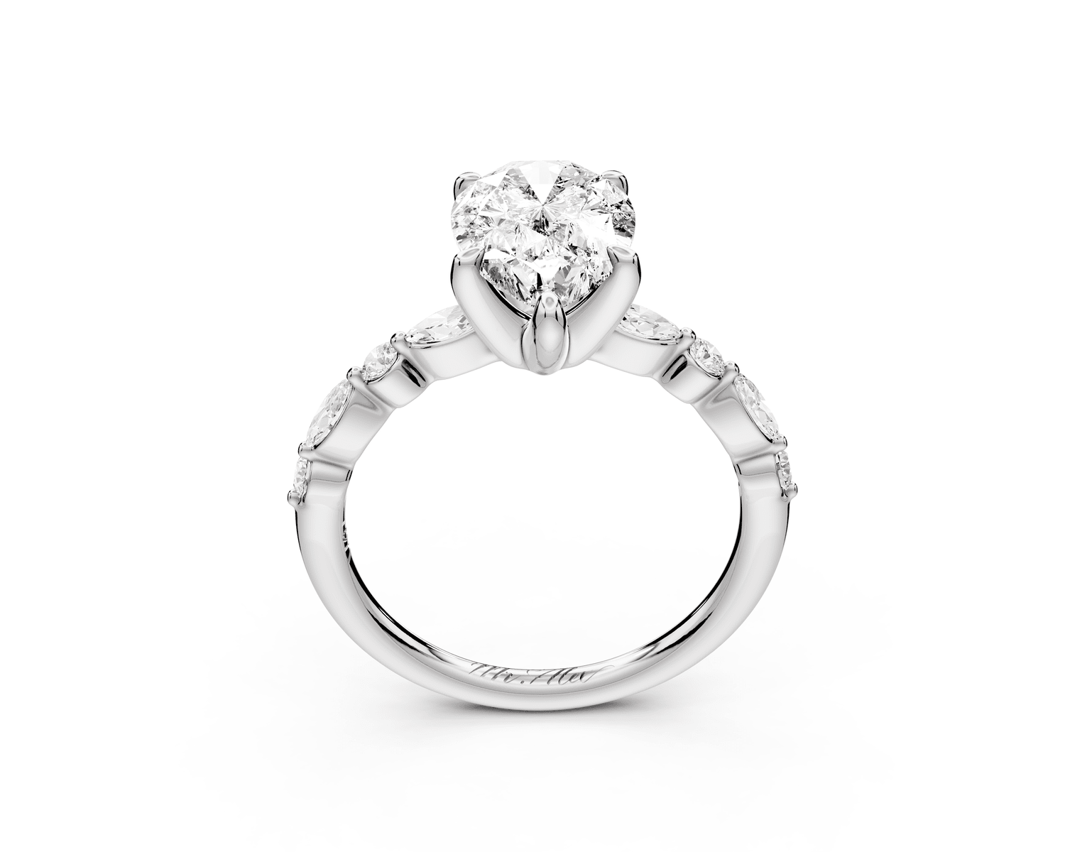 Amalia - 2ct 18k white gold pear Round Diamond with Alternating 8 - Stone Marquise and Round Diamond Band Engagement Ring - Mr. Alex Jewelry
