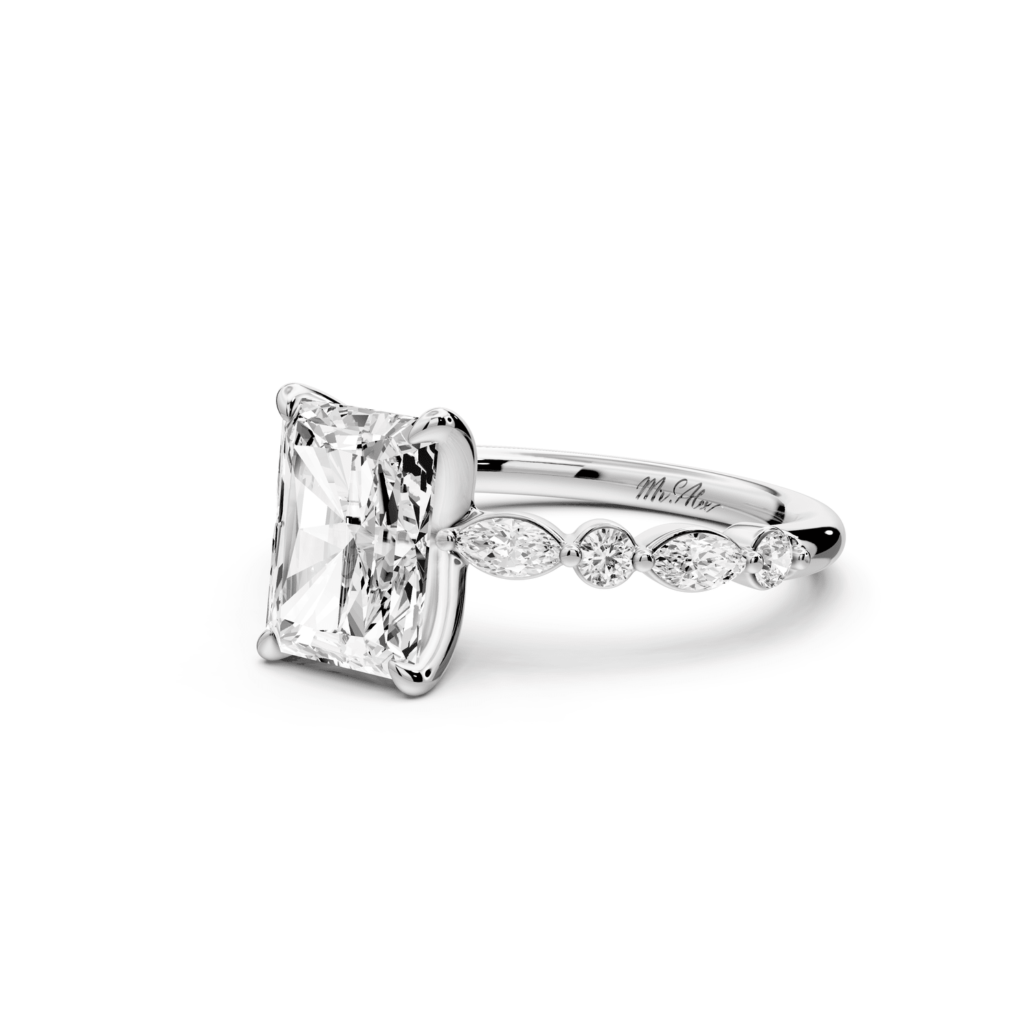 Amalia - 2ct 18k white gold radiant Round Diamond with Alternating 8 - Stone Marquise and Round Diamond Band Engagement Ring - Mr. Alex Jewelry