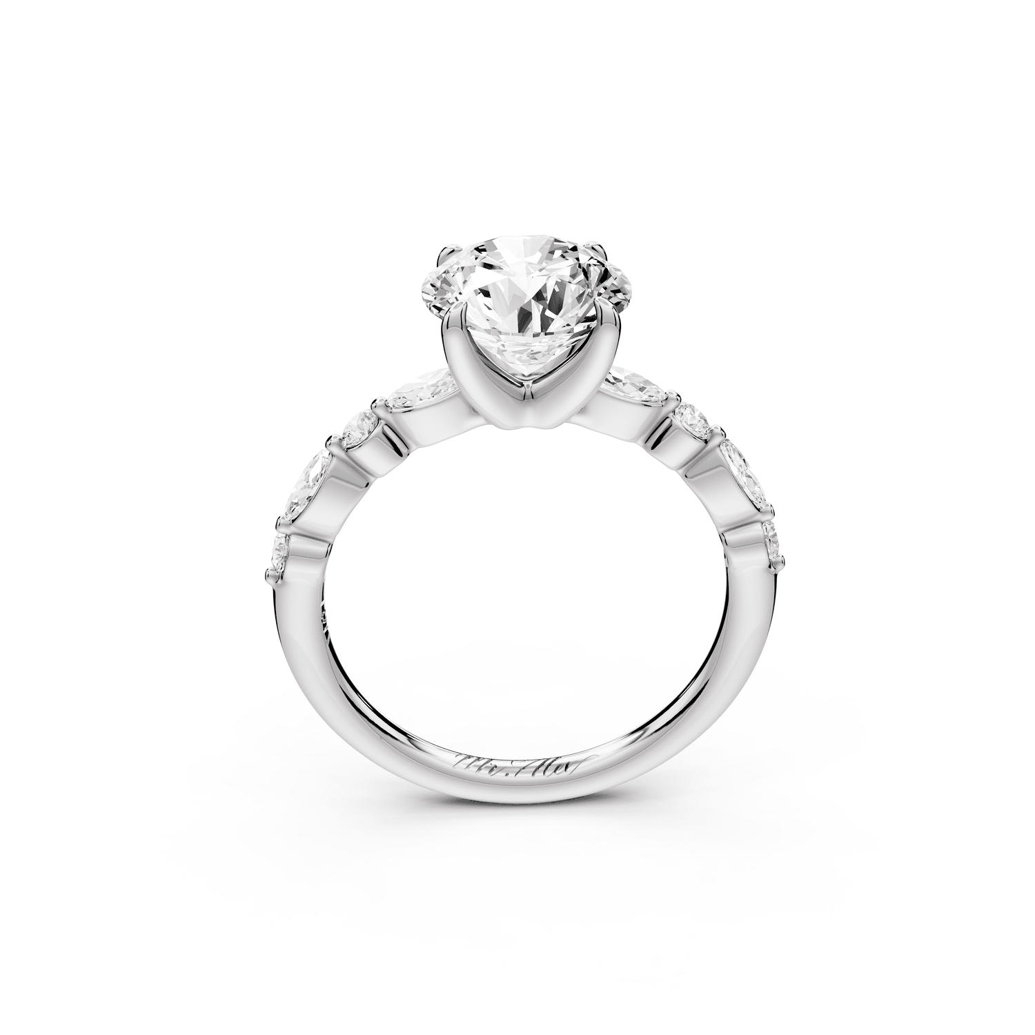 Amalia - 2ct 18k white gold round Round Diamond with Alternating 8 - Stone Marquise and Round Diamond Band Engagement Ring - Mr. Alex Jewelry