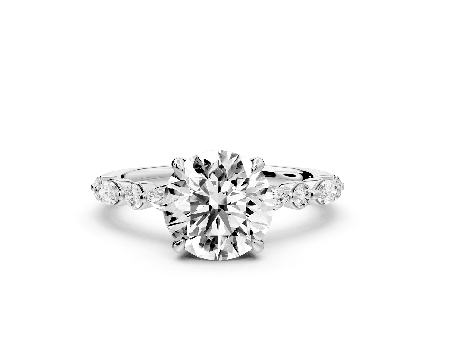 Amalia - 2ct 18k white gold round Round Diamond with Alternating 8 - Stone Marquise and Round Diamond Band Engagement Ring - Mr. Alex Jewelry