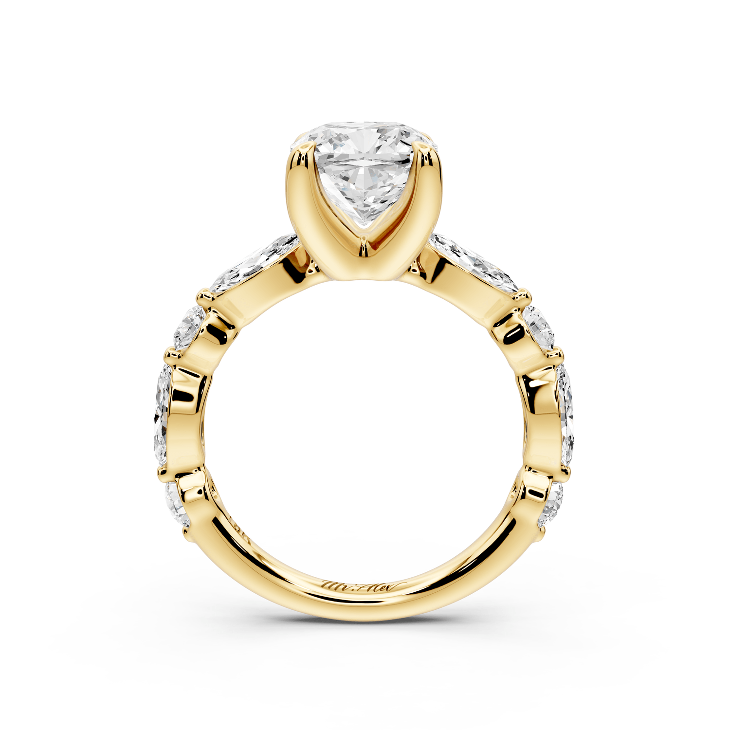 Amalia - 2ct 18k yellow gold cushion Round Diamond with Alternating 8 - Stone Marquise and Round Diamond Band Engagement Ring - Mr. Alex Jewelry