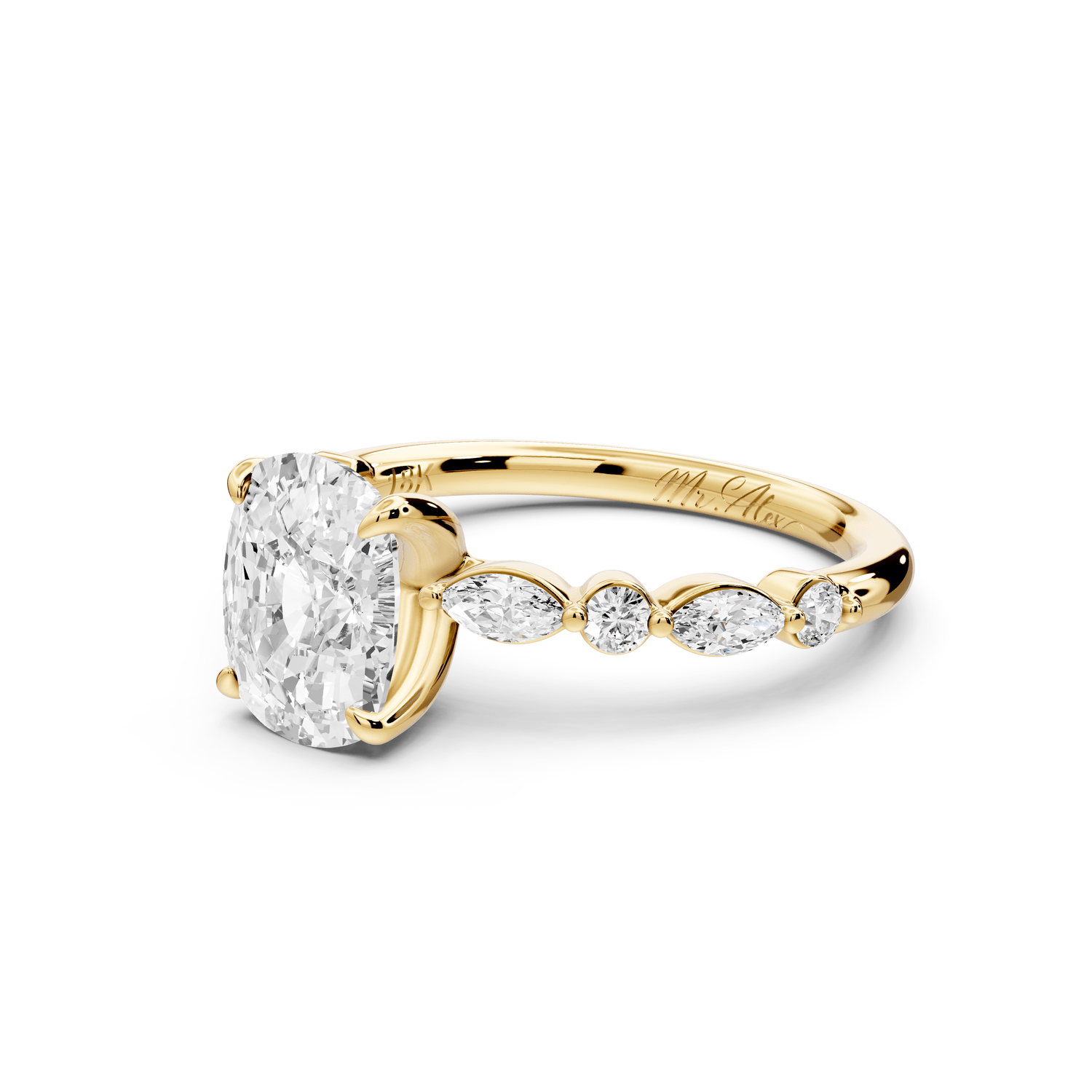 Amalia - 2ct 18k yellow gold ecushion Round Diamond with Alternating 8 - Stone Marquise and Round Diamond Band Engagement Ring - Mr. Alex Jewelry