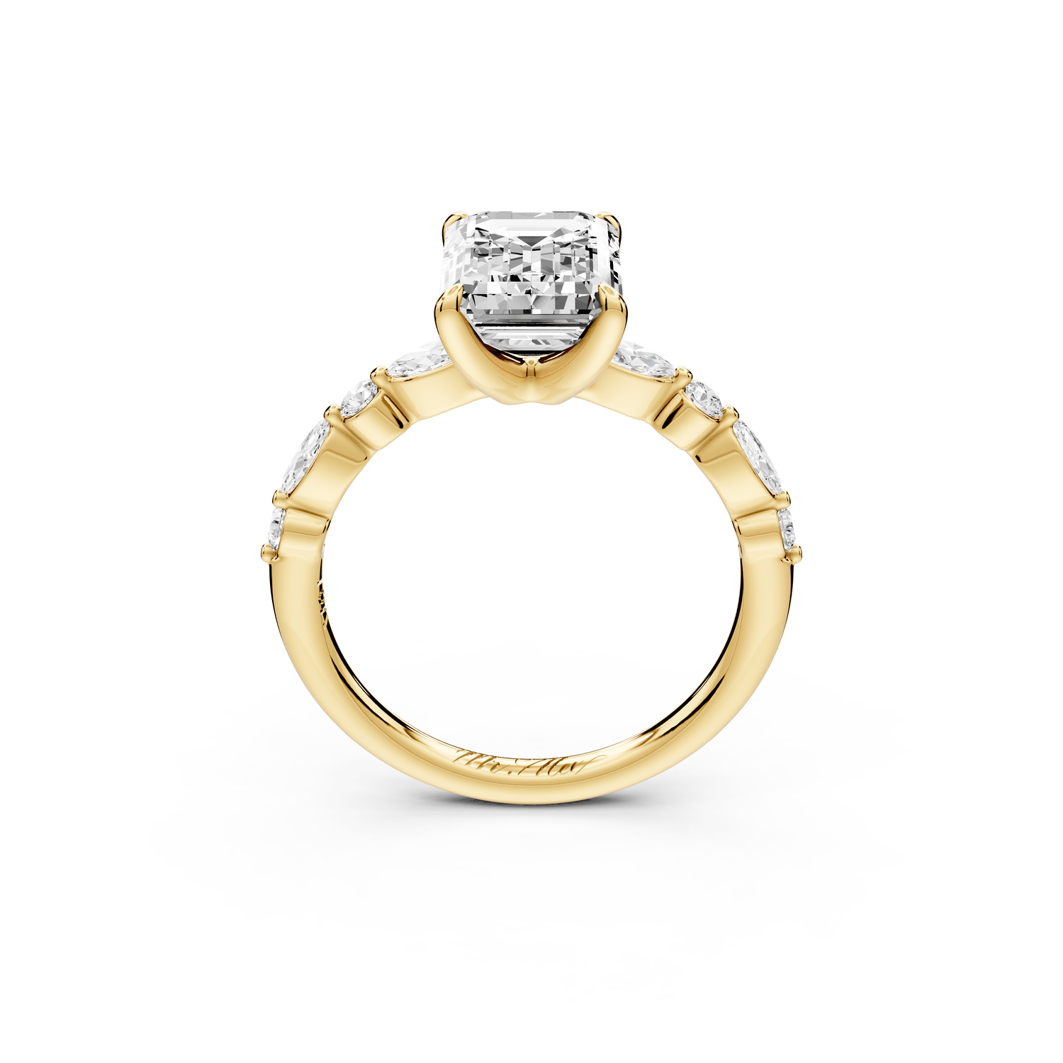 Amalia - 2ct 18k yellow gold emerald Round Diamond with Alternating 8 - Stone Marquise and Round Diamond Band Engagement Ring - Mr. Alex Jewelry