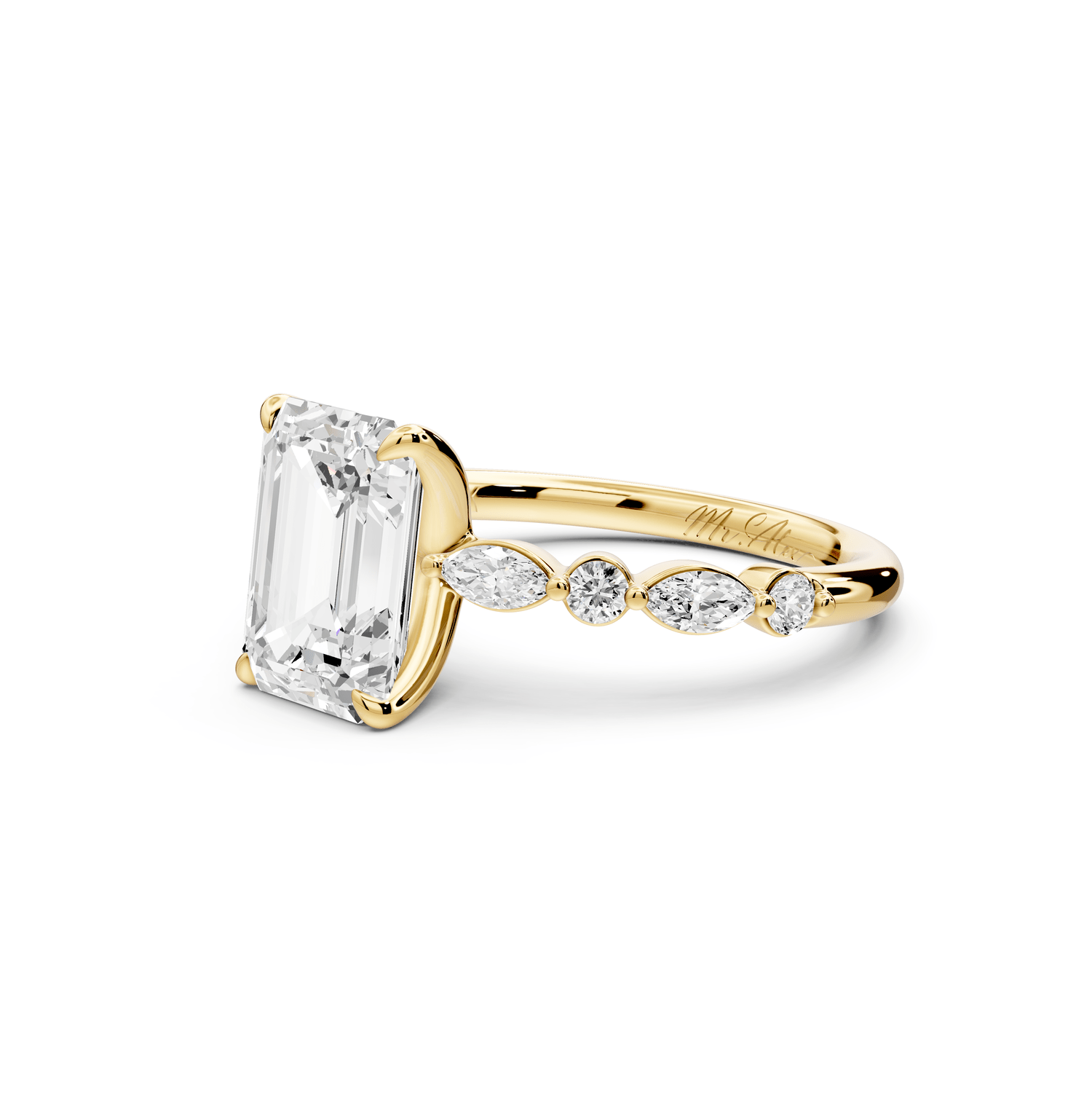 Amalia - 2ct 18k yellow gold emerald Round Diamond with Alternating 8 - Stone Marquise and Round Diamond Band Engagement Ring - Mr. Alex Jewelry