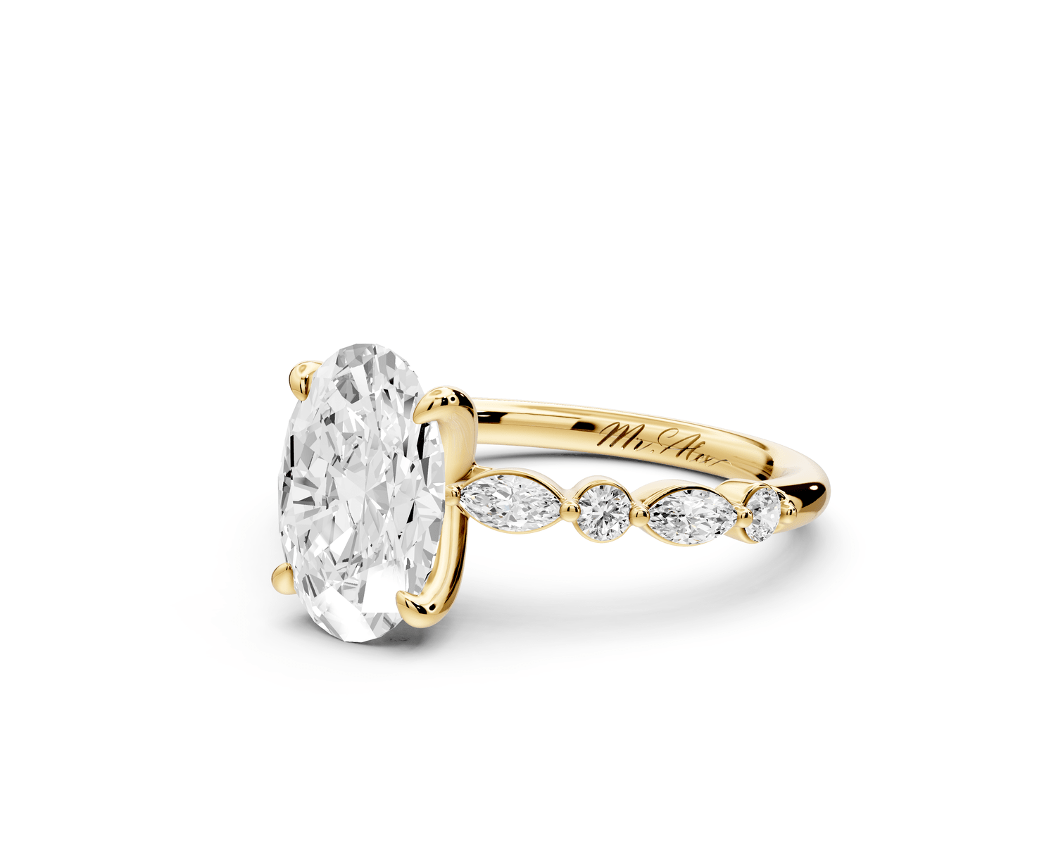 Amalia - 2ct 18k yellow gold oval Round Diamond with Alternating 8 - Stone Marquise and Round Diamond Band Engagement Ring - Mr. Alex Jewelry