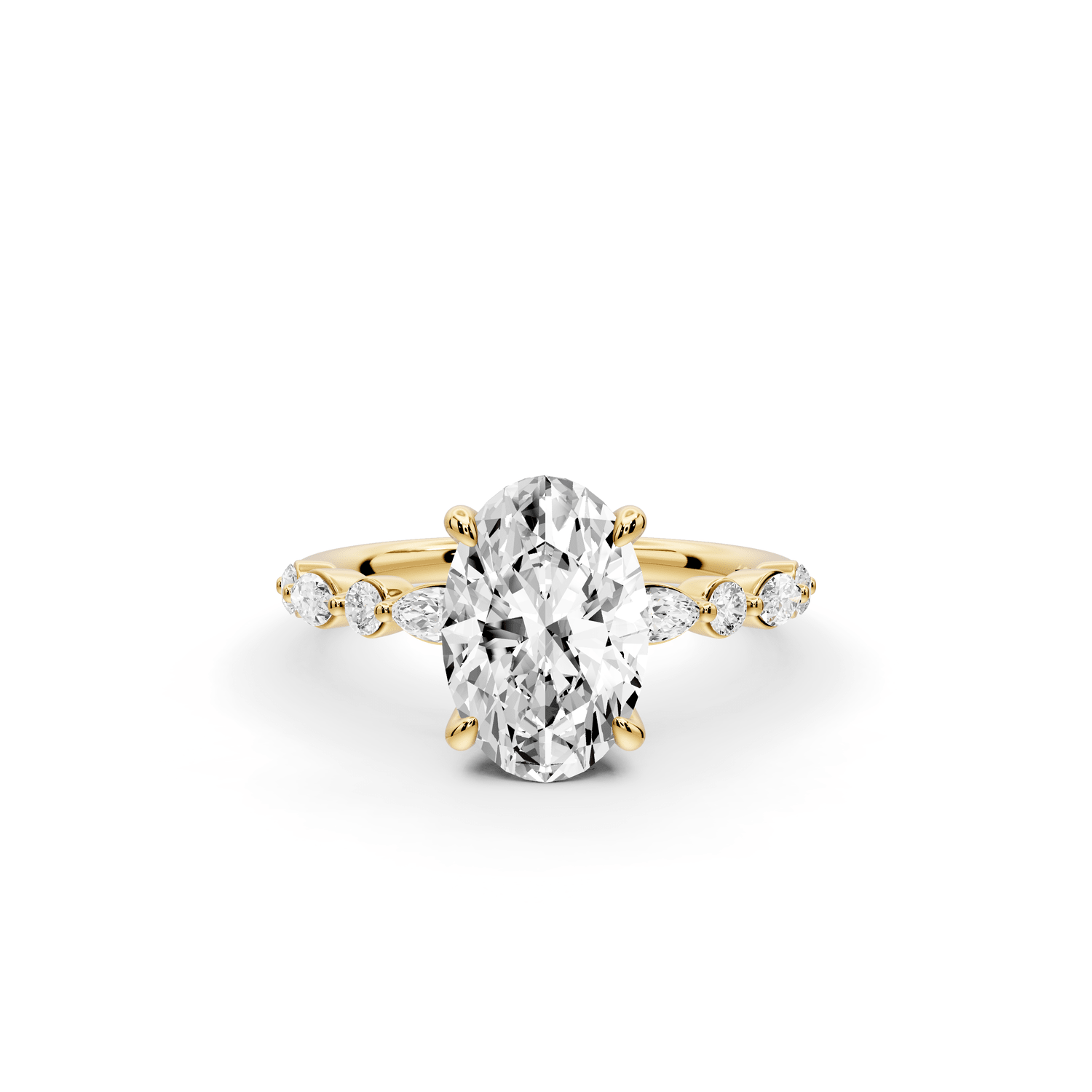 Amalia - 2ct 18k yellow gold oval Round Diamond with Alternating 8 - Stone Marquise and Round Diamond Band Engagement Ring - Mr. Alex Jewelry