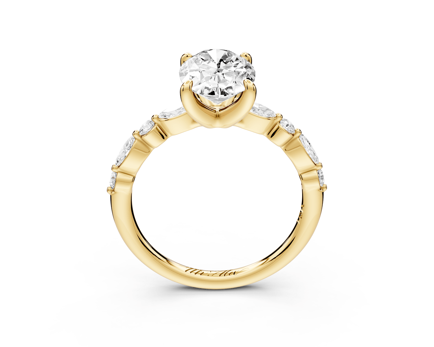Amalia - 2ct 18k yellow gold oval Round Diamond with Alternating 8 - Stone Marquise and Round Diamond Band Engagement Ring - Mr. Alex Jewelry