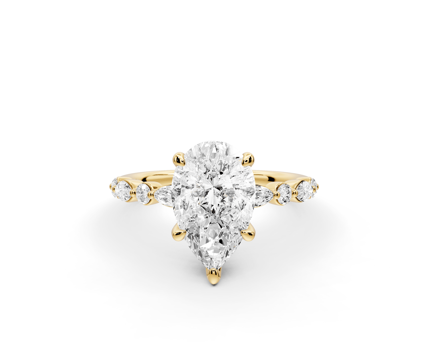 Amalia - 2ct 18k yellow gold pear Round Diamond with Alternating 8 - Stone Marquise and Round Diamond Band Engagement Ring - Mr. Alex Jewelry