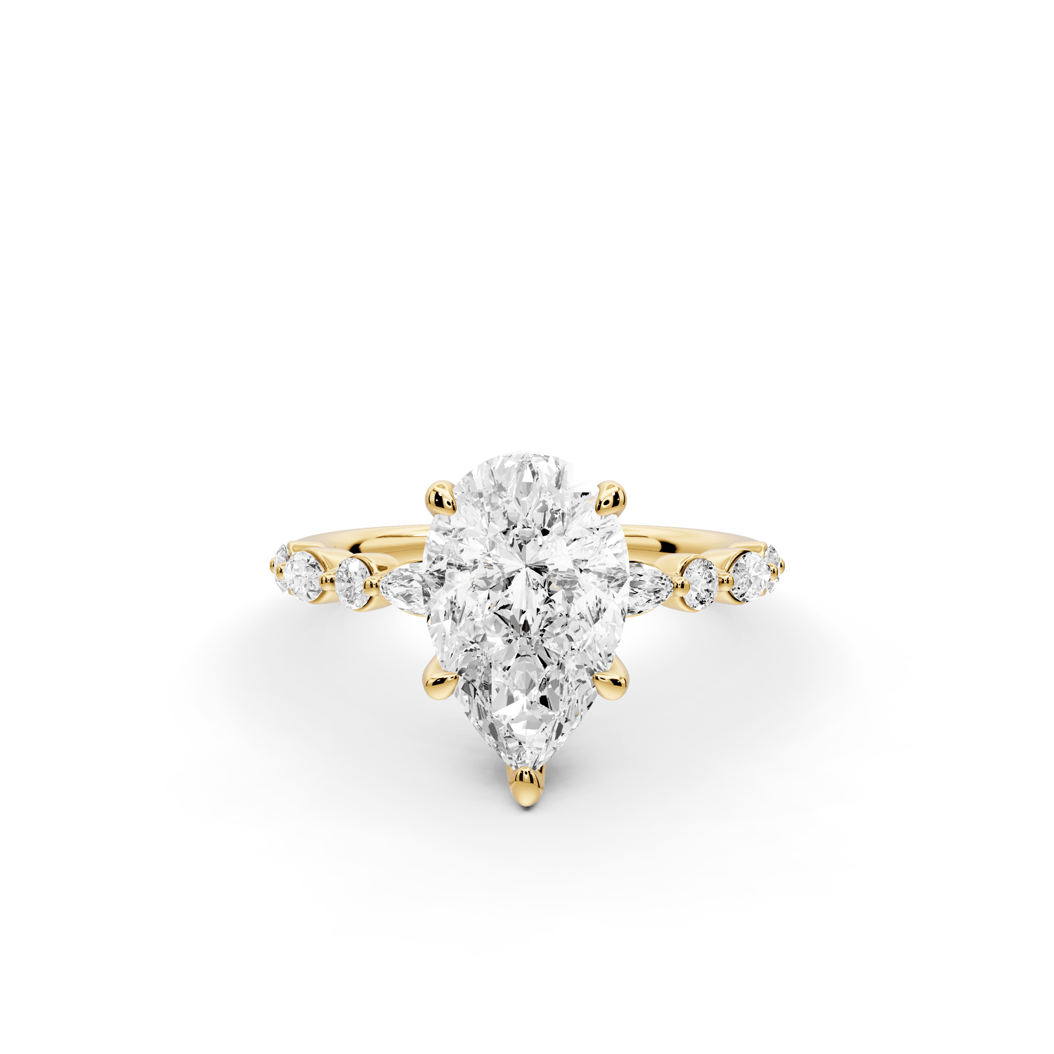 Amalia - 2ct 18k yellow gold pear Round Diamond with Alternating 8 - Stone Marquise and Round Diamond Band Engagement Ring - Mr. Alex Jewelry