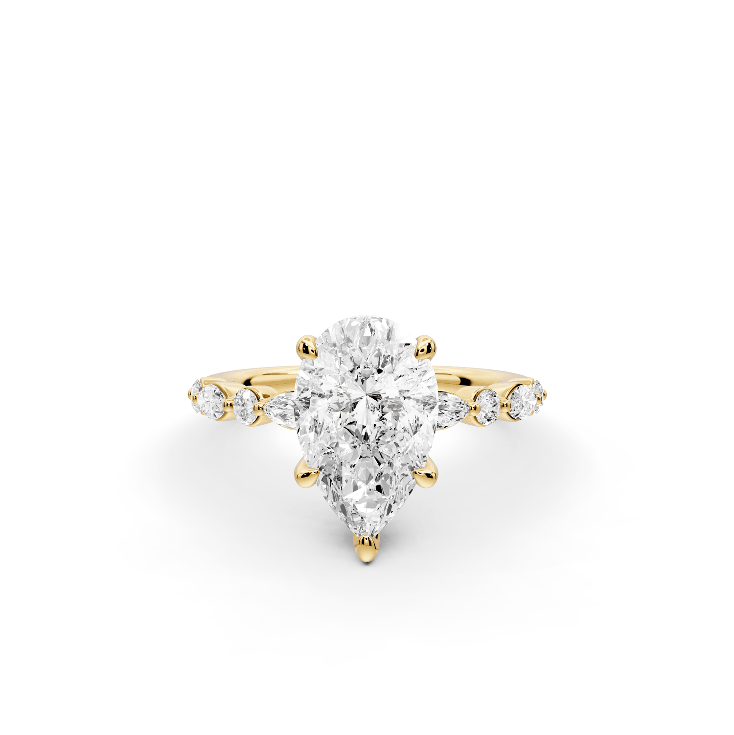 Amalia - 2ct 18k yellow gold pear Round Diamond with Alternating 8 - Stone Marquise and Round Diamond Band Engagement Ring - Mr. Alex Jewelry