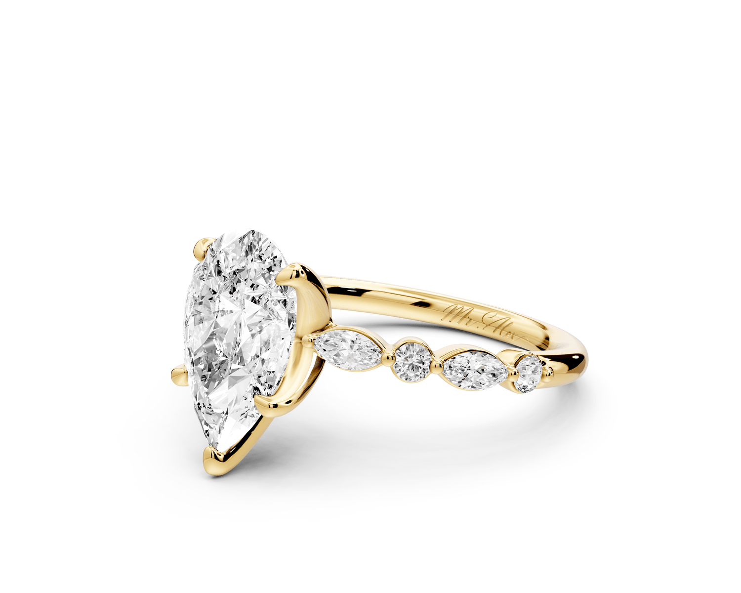 Amalia - 2ct 18k yellow gold pear Round Diamond with Alternating 8 - Stone Marquise and Round Diamond Band Engagement Ring - Mr. Alex Jewelry