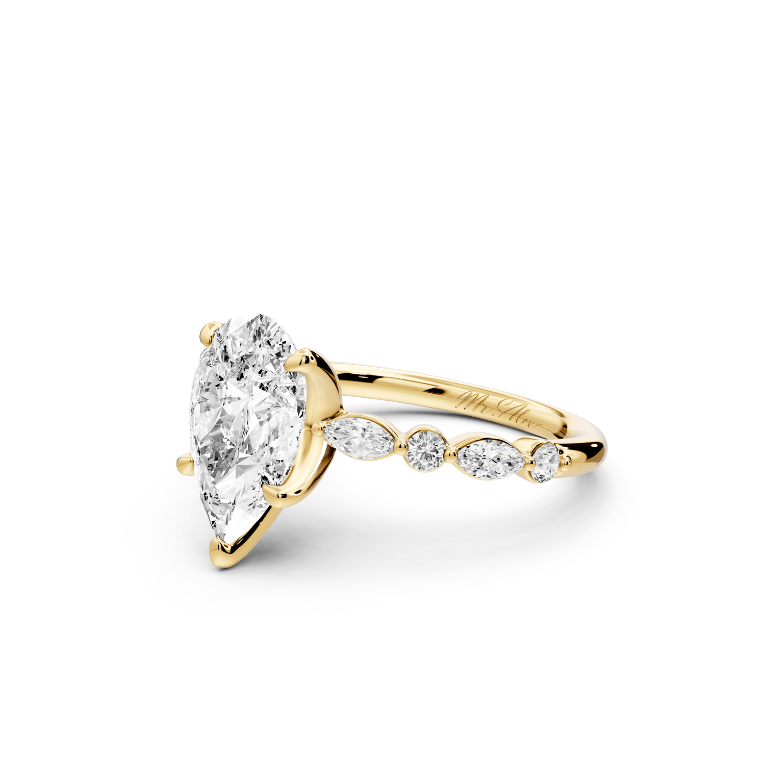 Amalia - 2ct 18k yellow gold pear Round Diamond with Alternating 8 - Stone Marquise and Round Diamond Band Engagement Ring - Mr. Alex Jewelry