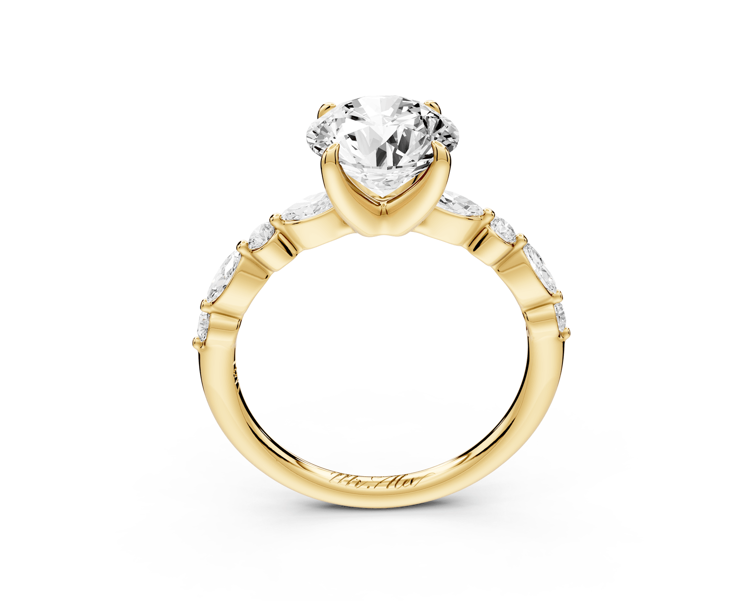 Amalia - 2ct 18k yellow gold round Round Diamond with Alternating 8 - Stone Marquise and Round Diamond Band Engagement Ring - Mr. Alex Jewelry