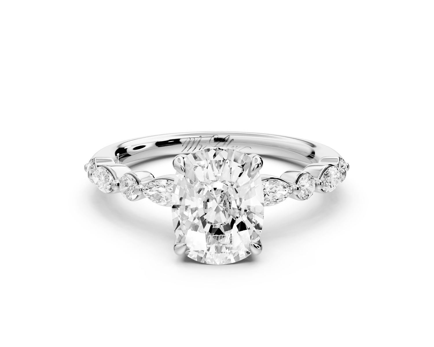 Amalia - 2ct platinum ecushion Round Diamond with Alternating 8 - Stone Marquise and Round Diamond Band Engagement Ring - Mr. Alex Jewelry