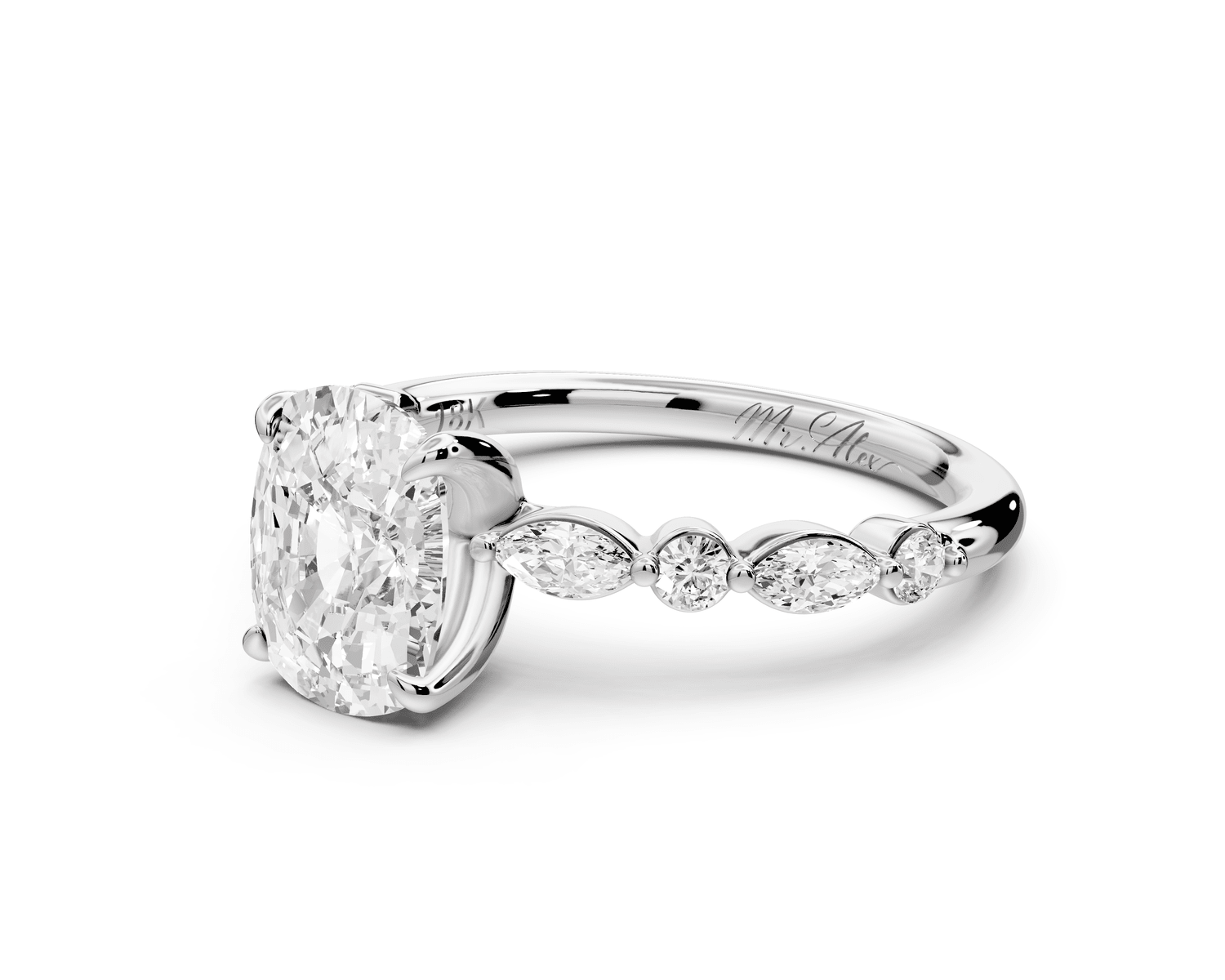 Amalia - 2ct platinum ecushion Round Diamond with Alternating 8 - Stone Marquise and Round Diamond Band Engagement Ring - Mr. Alex Jewelry