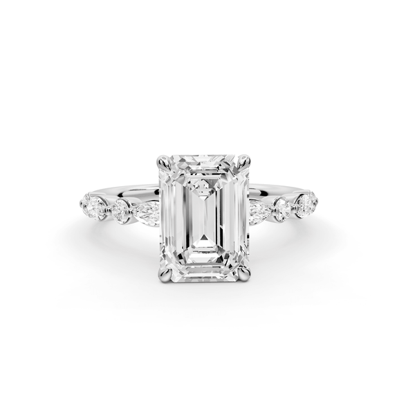 Amalia - 2ct platinum emerald Round Diamond with Alternating 8 - Stone Marquise and Round Diamond Band Engagement Ring - Mr. Alex Jewelry