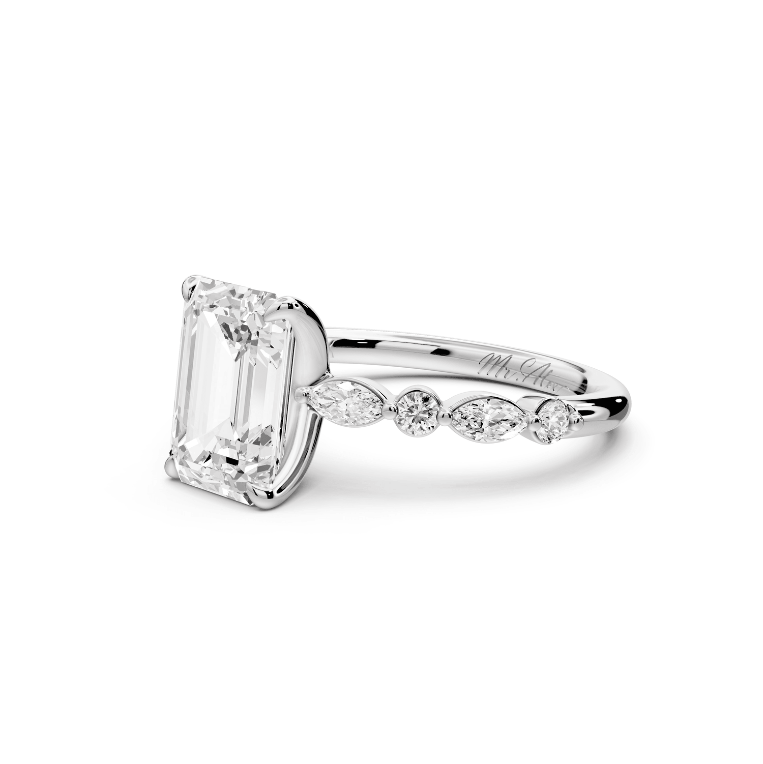 Amalia - 2ct platinum emerald Round Diamond with Alternating 8 - Stone Marquise and Round Diamond Band Engagement Ring - Mr. Alex Jewelry